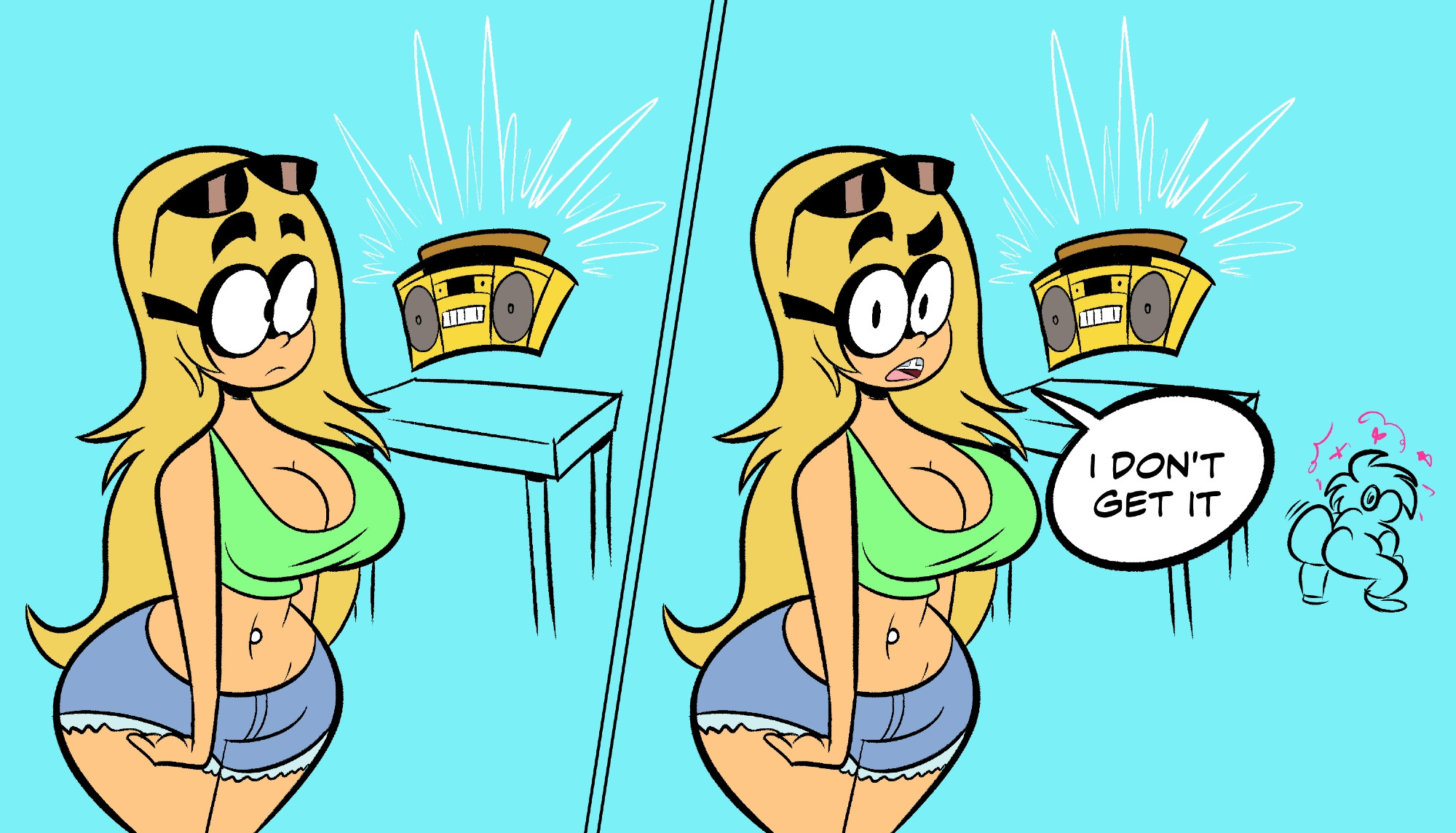 1boy, 1girls, 2025, big ass, big breasts, big butt, blonde hair, boombox, bottom heavy, bouncing ass, bouncing butt, braces, breasts, cleavage, comedy, confused, crop top, cutoffs, female, funny, glasses, gold boombox (prevence), hartman hips, huge ass, humor, hypnosis, large breasts, legs together, looking at viewer, male, midriff, navel, oblivious, oboithisisfunky, original, original character, original characters, pierced belly button, piercing, sally sarah, short shorts, shorts, simple background, sketch, smile, sunglasses on head, table, talking to viewer, tank top, throwing it back, tom (oboithisisfunky), twerk hypnosis, twerking, voluptuous female, white background, wide hips