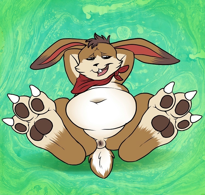 abstract_background anthro anus anus_only belly big_belly brown_fur buckteeth claws featureless_crotch feet fur green_background half-closed_eyes hare hare_(monster_rancher) lagomorph long_ears lounging male mammal navel neckerchief open_mouth pawpads paws presenting relaxing semi-anthro short_tail simple_background slightly_chubby solo spread_legs spreading tan_fur teeth toe_claws yagi-no-baka