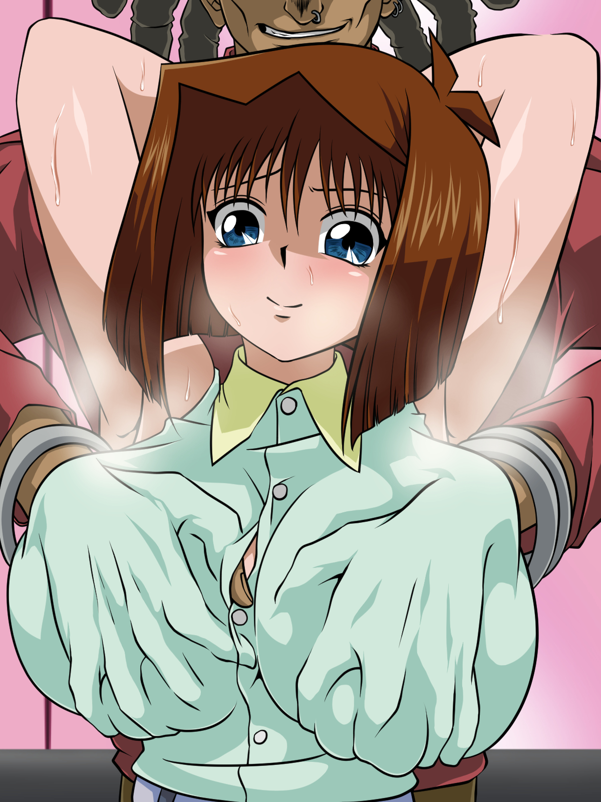 1boy, 1girls, armpits, arms behind head, arms up, artist request, blue eyes, blush, bracelet, breast grab, breasts, brown hair, clothed, dark skin, dark-skinned male, female, from behind, grin, groping, groping breasts, groping from behind, hands behind head, hands under clothes, heavy breathing, huge breasts, human, interracial, male, netorare, nose ring, piercing, reach around, shirt, short hair, smell, smile, straight, sweat, tea gardner, teeth, yu-gi-oh!, yu-gi-oh! duel monsters