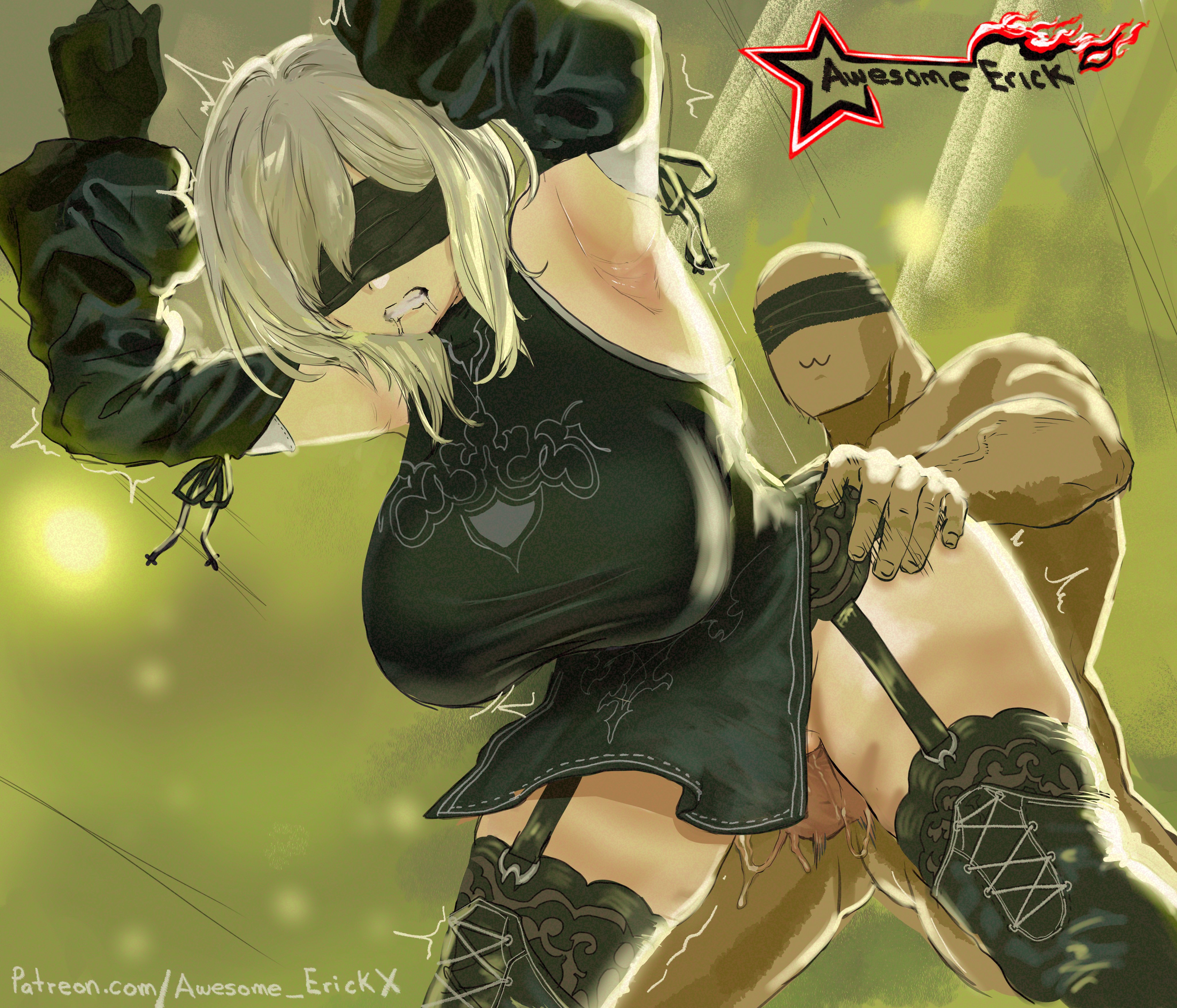 1boy, absurdres, armpits, arms up, awesomeerix, balls, bare shoulders, bent over, black blindfold, black dress, black gloves, black thighhighs, blindfold, breasts, clenched teeth, clothed female nude male, clothed sex, detached sleeves, dress, female, garter straps, gloves, highres, large breasts, male, medium hair, nier (series), nier reincarnation, nude, pelvic curtain, saliva, sex, sex from behind, standing, standing sex, straight, teeth, testicles, thighhighs, thighs, white hair, yorha 10h