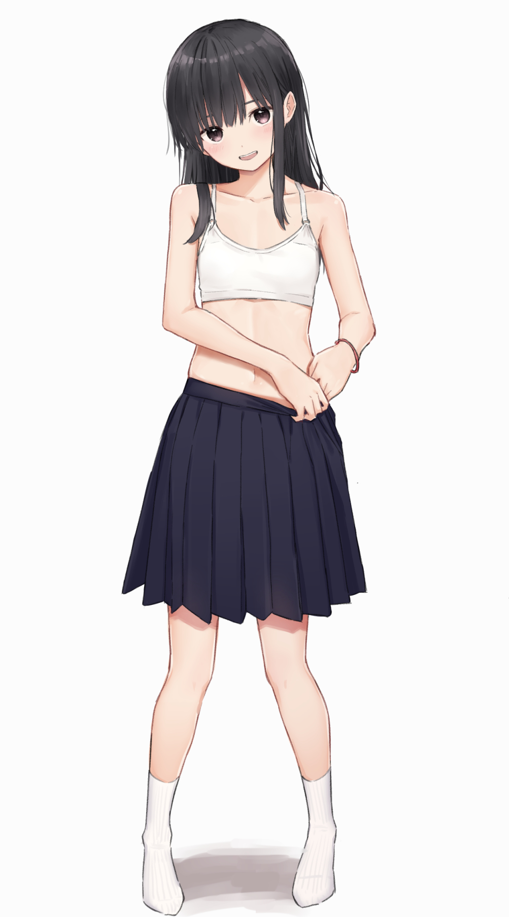 :d, 1girls, akipeko, anklehighs, bare arms, bare shoulders, black hair, black skirt, brown eyes, collarbone, commentary, crew socks, crop top, female, flat chest, full body, head tilt, highres, long hair, looking at viewer, midriff, navel, no shoes, open mouth, original, pleated skirt, shirt, sidelocks, simple background, skirt, sleeveless, sleeveless shirt, smile, socks, solo, standing, undershirt, white background, white shirt, white socks