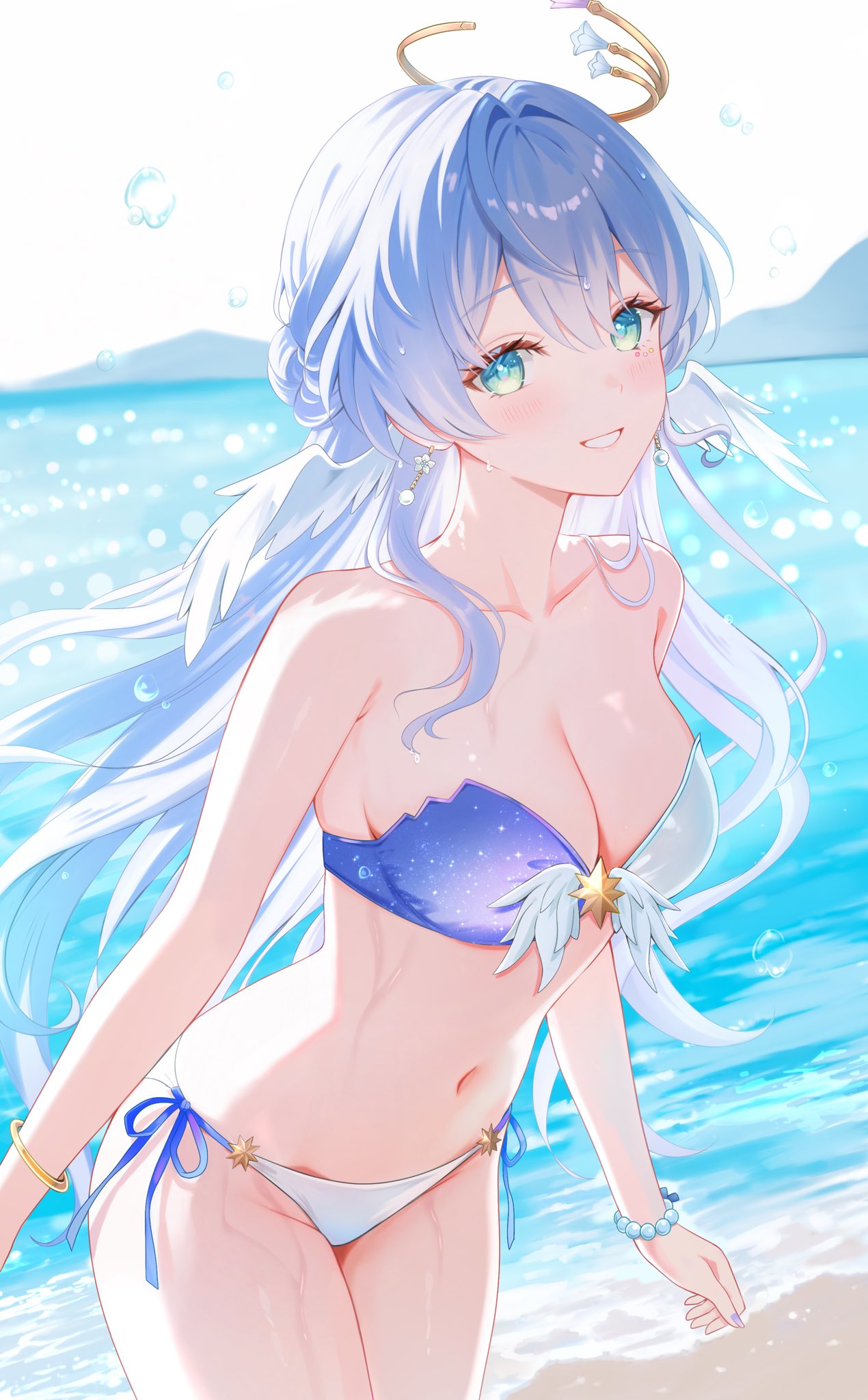 1girls 2d 2d_(artwork) alternate_costume beach big_breasts bikini bikini_bottom bikini_top blue_eyes blue_hair blue_nails bra day female female_focus female_only front_view high_resolution highres honkai:_star_rail honkai_(series) hourglass_figure light-skinned_female light_skin long_hair looking_at_viewer nasii ocean outdoors robin_(honkai:_star_rail) sand sexy sky slim_girl smiling smiling_at_viewer solo solo_female solo_focus summer swimsuit thong thong_bikini two_piece_swimsuit water wet wet_body young younger_female