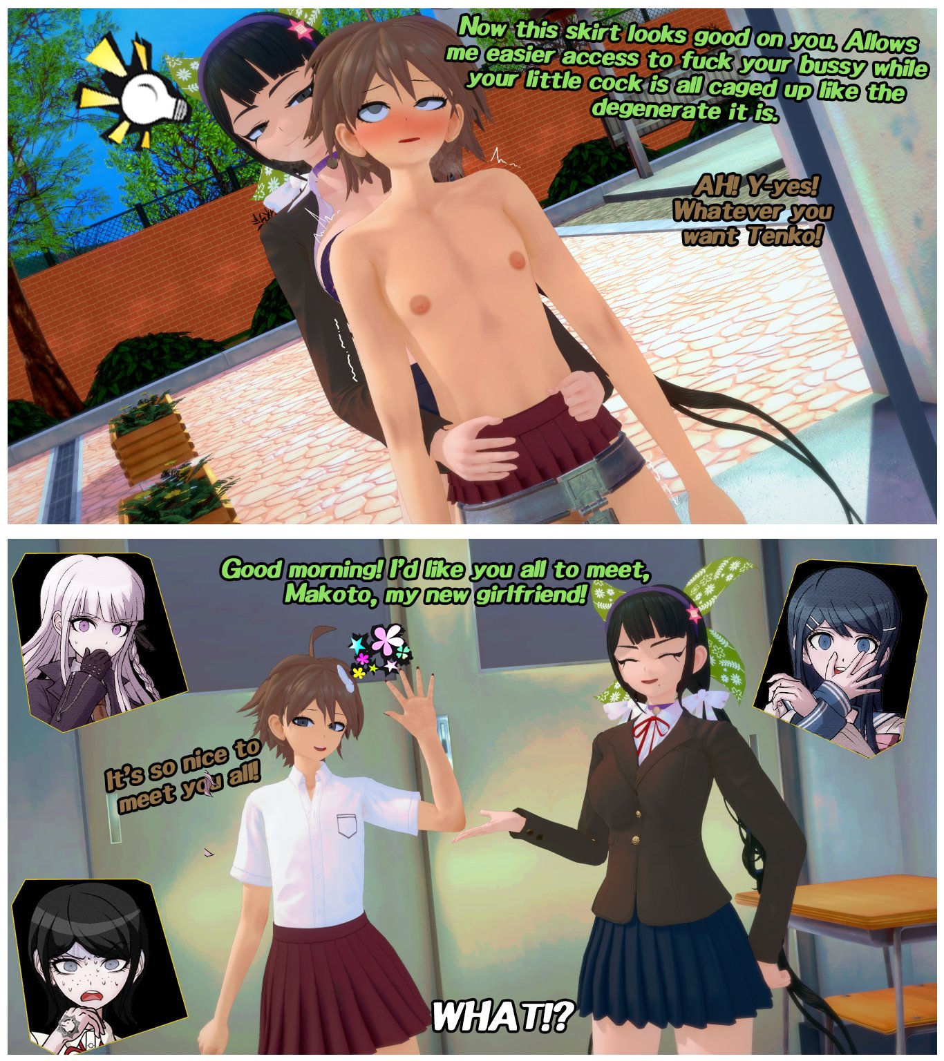 1boy, 3d, 4girls, bookie, chabashira tenko, chastity cage, crossdressing, danganronpa, danganronpa v3, danganronpa: trigger happy havoc, english text, female, femboy, femdom, feminization, girly, kirigiri kyouko, koikatsu, maizono sayaka, male, mukuro ikusaba, multiple females, multiple girls, naegi makoto, text