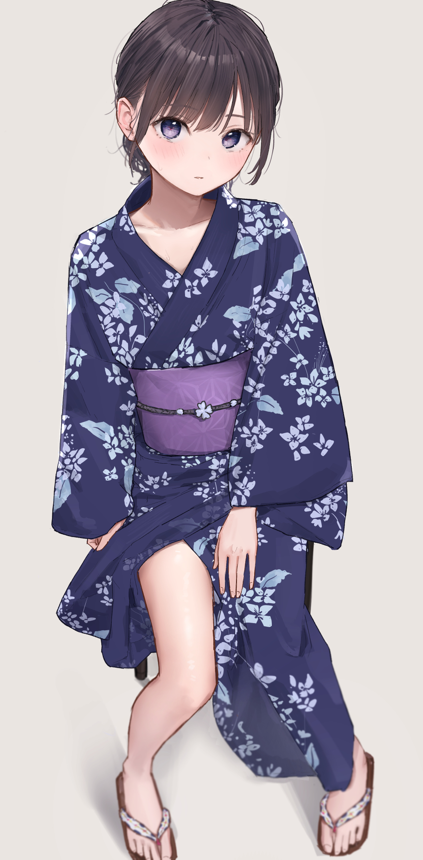 1girls akipeko black_hair blue_kimono blunt_bangs blush collarbone floral_print full_body geta grey_background highres japanese_clothes kimono long_sleeves looking_at_viewer medium_hair obi original parted_lips print_kimono purple_eyes purple_sash sandals sash simple_background solo standing sweat sweatdrop thighs wide_sleeves yukata zouri