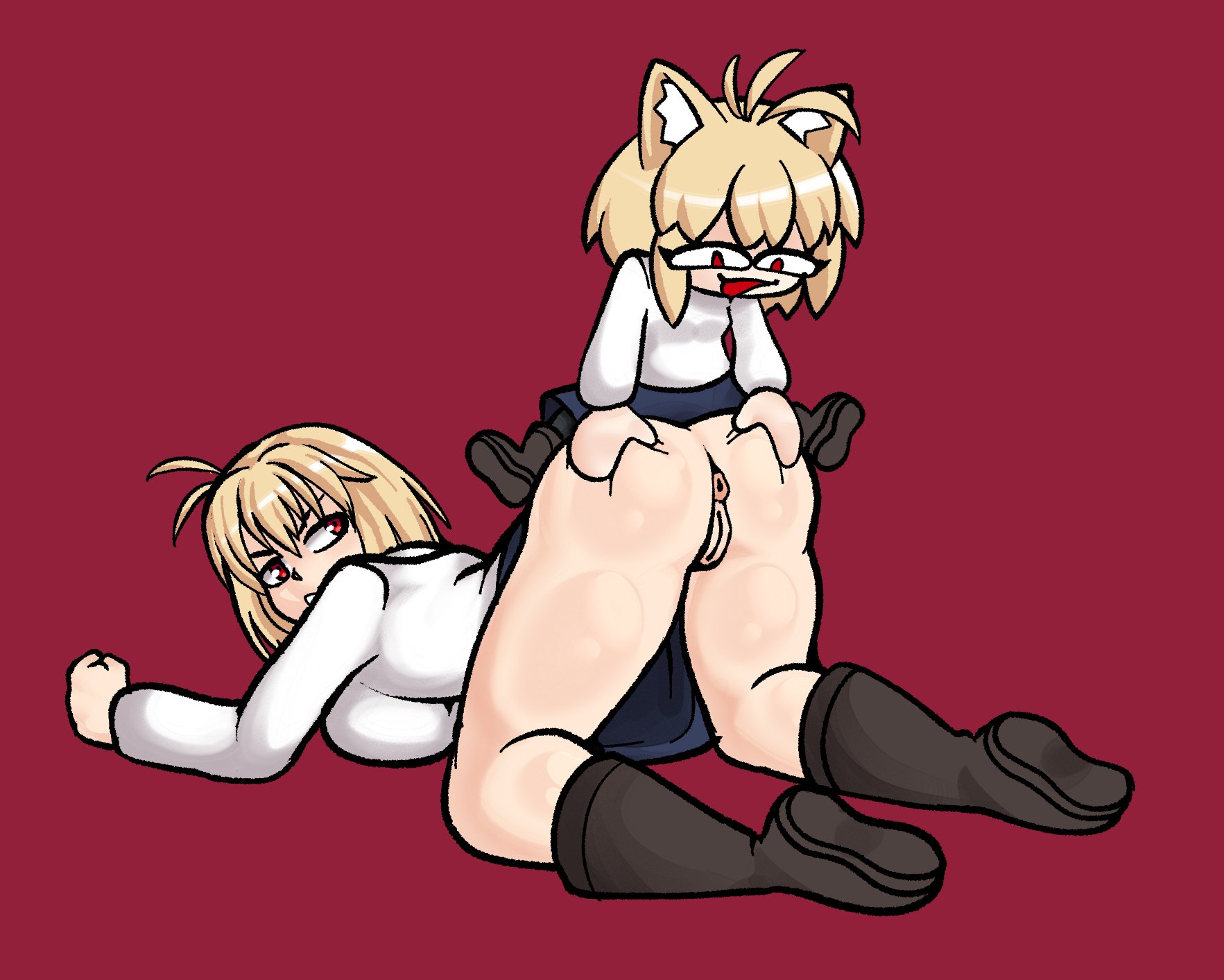 :3, 2girls, ahoge, all fours, allewdbruh, annoyed, anus, arcueid brunestud, ass, ass focus, ass grab, ass up, asshole, big ass, big butt, blue skirt, blush, boots, breasts, cat girl, catgirl, chibi, dual persona, female, grabbing ass, groping, groping ass, huge ass, large ass, large breasts, large butt, looking at another, melty blood, neco-arc, on floor, oofts, pantyhose, presenting anus, presenting hindquarters, presenting pussy, pussy, red eyes, selfcest, short hair, size difference, skirt, squeezing butt, sweater, tsukihime, turtleneck sweater, vagina, vampire girl, yuri