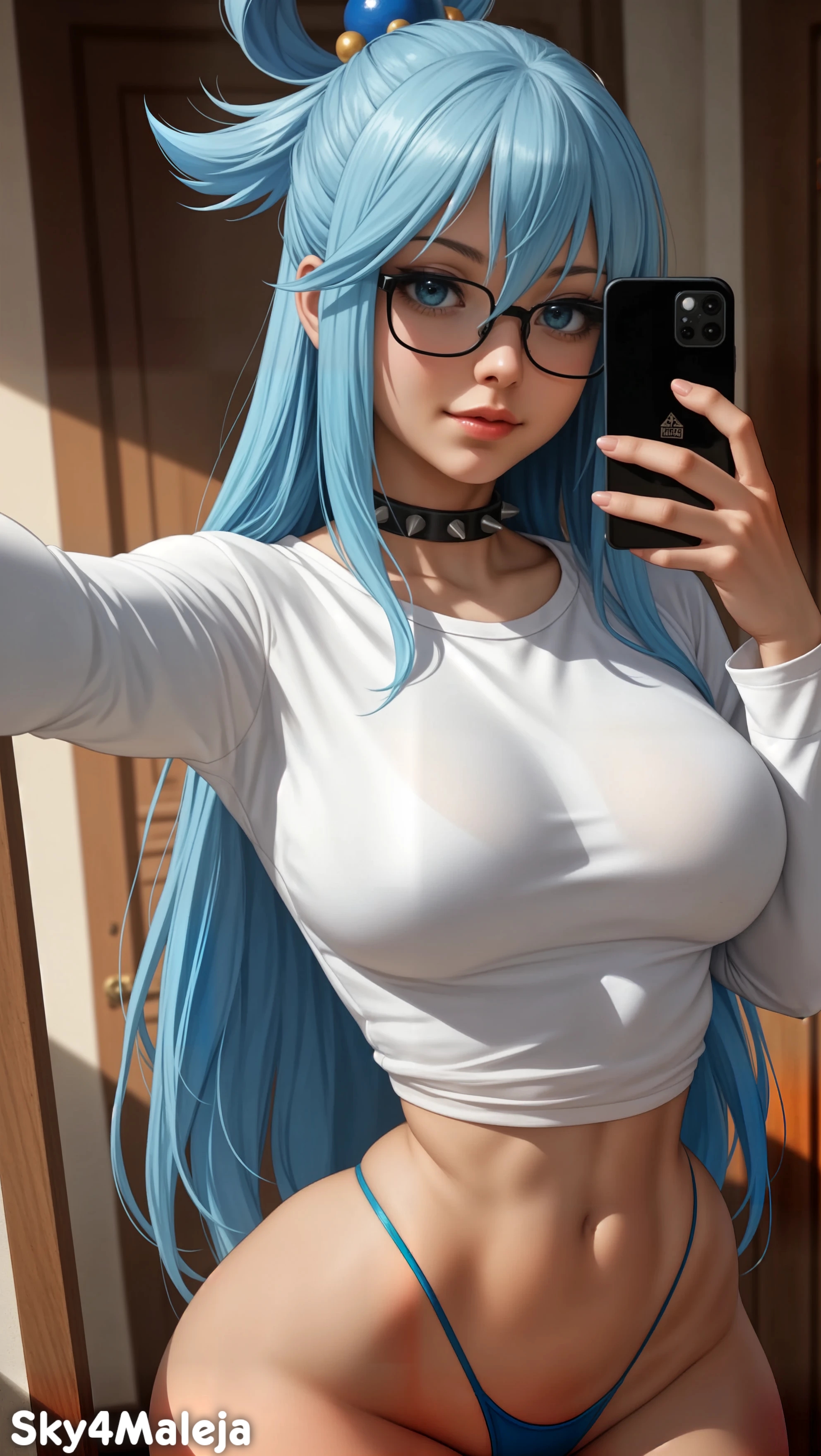 ai generated, aqua (konosuba), big breasts, breasts, curvy, curvy female, curvy figure, female, female only, hourglass figure, kono subarashii sekai ni shukufuku wo!, large breasts, seductive, seductive look, seductive pose, selfie, sexually suggestive, shirt, sky4maleja, thong