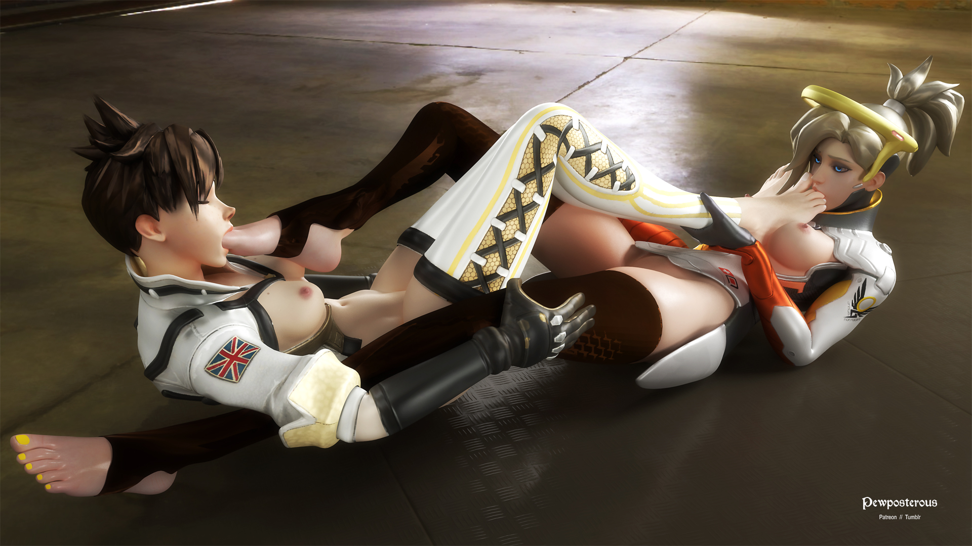 2girls, 3d, alternate costume, areolae, barefoot, blender, breasts, feet, female, female only, foot fetish, foot lick, mercy, nipples, overwatch, pewposterous, posh tracer, toe sucking, toes, tracer, yuri