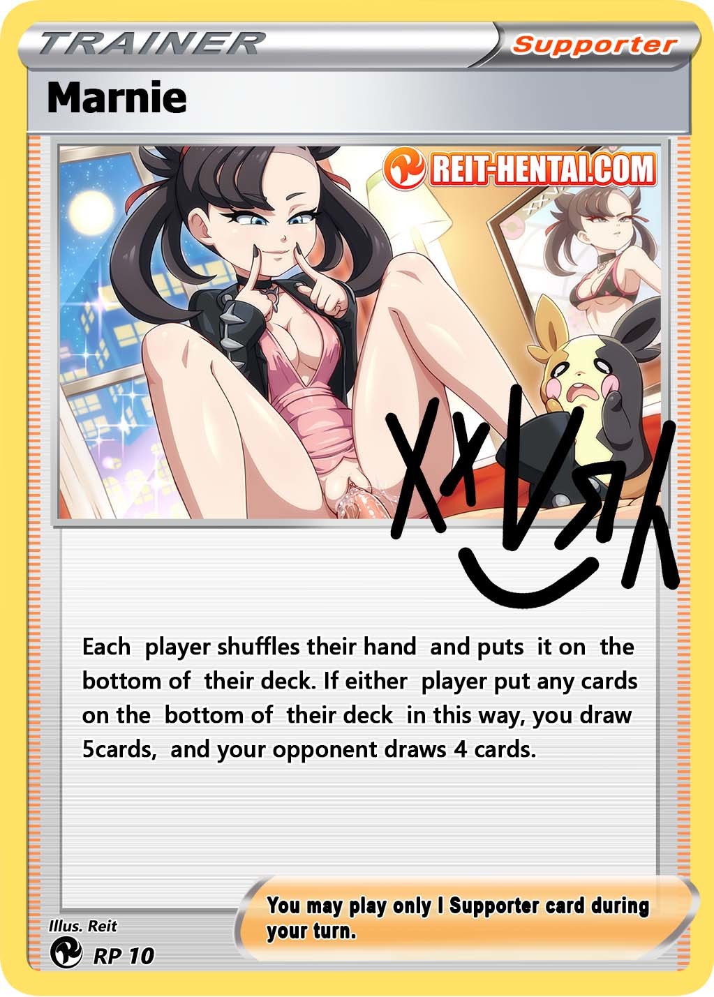 1boy artist_name black_choker black_hair black_jacket black_nails black_sports_bra breasts card_(medium) choker closed_mouth clothes_lift cowgirl_position cum cum_in_pussy cum_overflow derivative_work dress dress_lift english_commentary english_text female fingersmile full_moon green_eyes hair_ribbon highres hotel_room jacket juxtaposition looking_at_another looking_down m_legs marnie_(pokemon) medium_breasts moon morpeko morpeko_(full) night night_sky penis performance_juxtaposition pink_dress pokemon pokemon_(creature) pokemon_swsh pussy reit ribbon signature sky smile sports_bra straddling straight television thighs trading_card twintails uncensored vaginal_penetration window