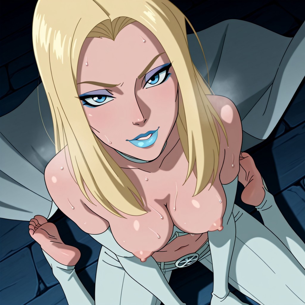ai generated, areola, armwear, bare breasts, barefoot, blonde eyebrows, blonde female, blonde hair, blue eyeshadow, blue lipstick, breasts, caucasian, caucasian female, emma frost, eyelashes, female, female only, foot fetish, horny female, long hair, looking at viewer, looking up, marvel, marvel comics, moonlight, nipples, pink nipples, slightly open mouth, small breasts, soles, steaming body, sweat, sweatdrop, sweating, topless, wolverine and the x-men