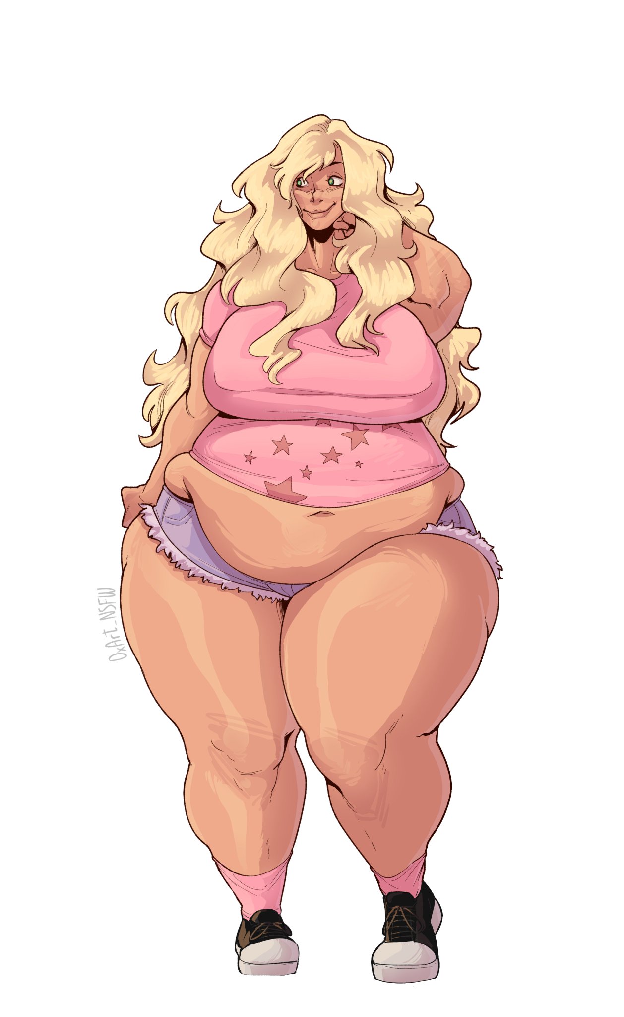 1girls, 2d, 2d (artwork), bbw, big belly, big breasts, blonde hair, breasts, chubby, chubby female, exposed midriff, female, female only, huge thighs, jean shorts, long hair, overweight, overweight female, oxart, short shorts, simple background, solo, solo female, solo focus, tan body, tan skin, thick thighs
