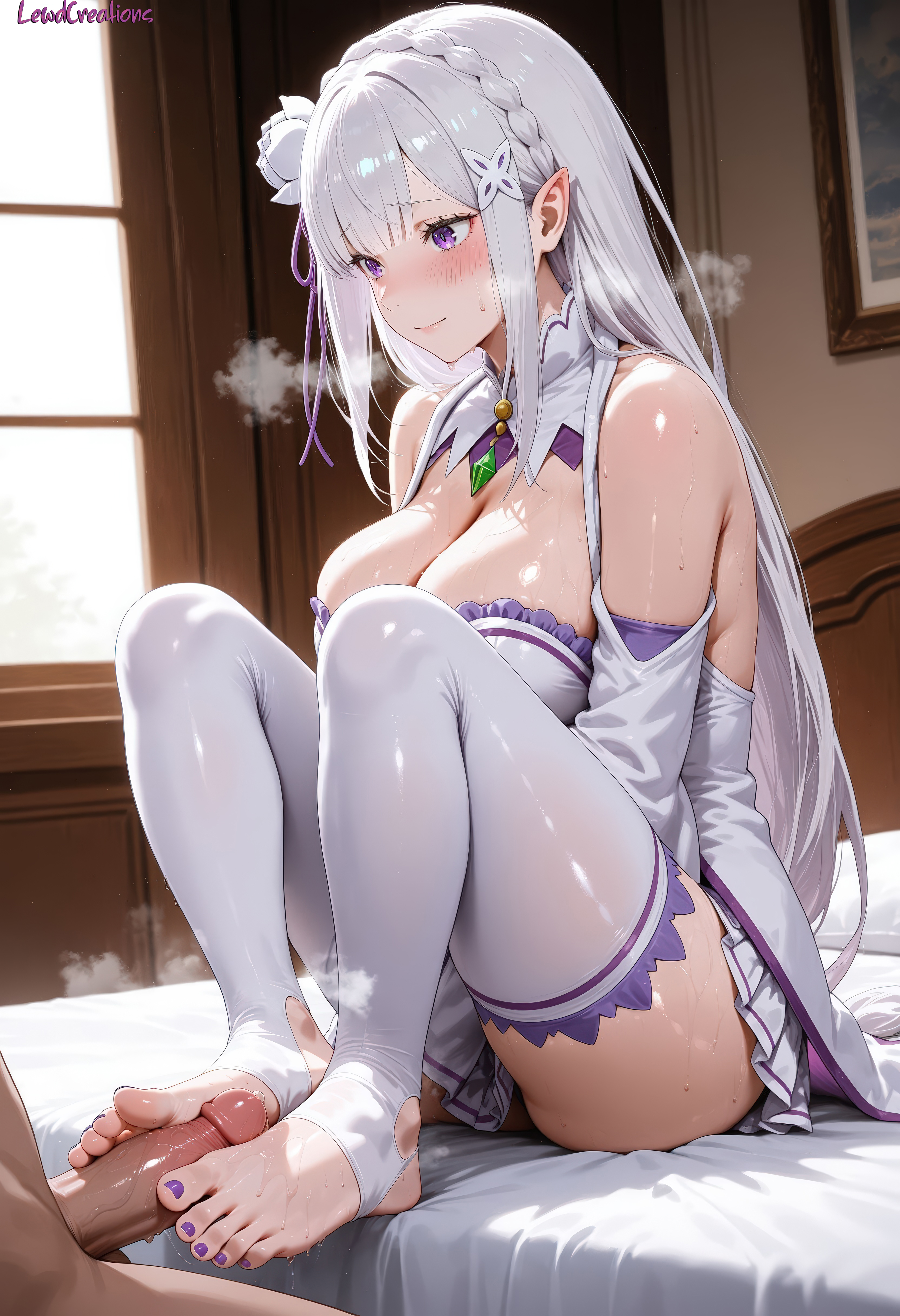 1boy, 1girls, absurd res, ai generated, barefoot, big breasts, blush, blush lines, breasts, cleavage, curvy, curvy figure, elf, elf ears, elf female, elf girl, emilia (re:zero), female, foot fetish, foot focus, foot worship, footjob, from side, hair between eyes, hair ornament, high resolution, highres, lewdcreationsai, light skin, light-skinned female, male, painted toenails, precum, precum drip, purple hair, re:zero kara hajimeru isekai seikatsu, sexually suggestive, silver hair, sitting, soles, stable diffusion, steam, steaming body, steamy breath, stirrup legwear, stirrup thighhighs, sweat, sweatdrop, sweating, sweaty, sweaty foot, tagme, thick, thick legs, thick thighs, thighs, toenail polish, toes, two-footed footjob, wrinkled soles, wrinkles