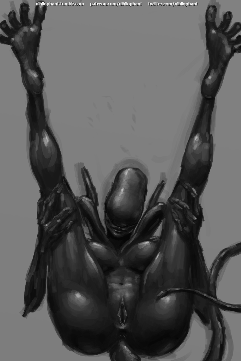 2017 alien alien_(franchise) anus ass breasts female female_xenomorph feral_only greyscale legs_up monochrome nihilophant presenting pussy solo xenomorph