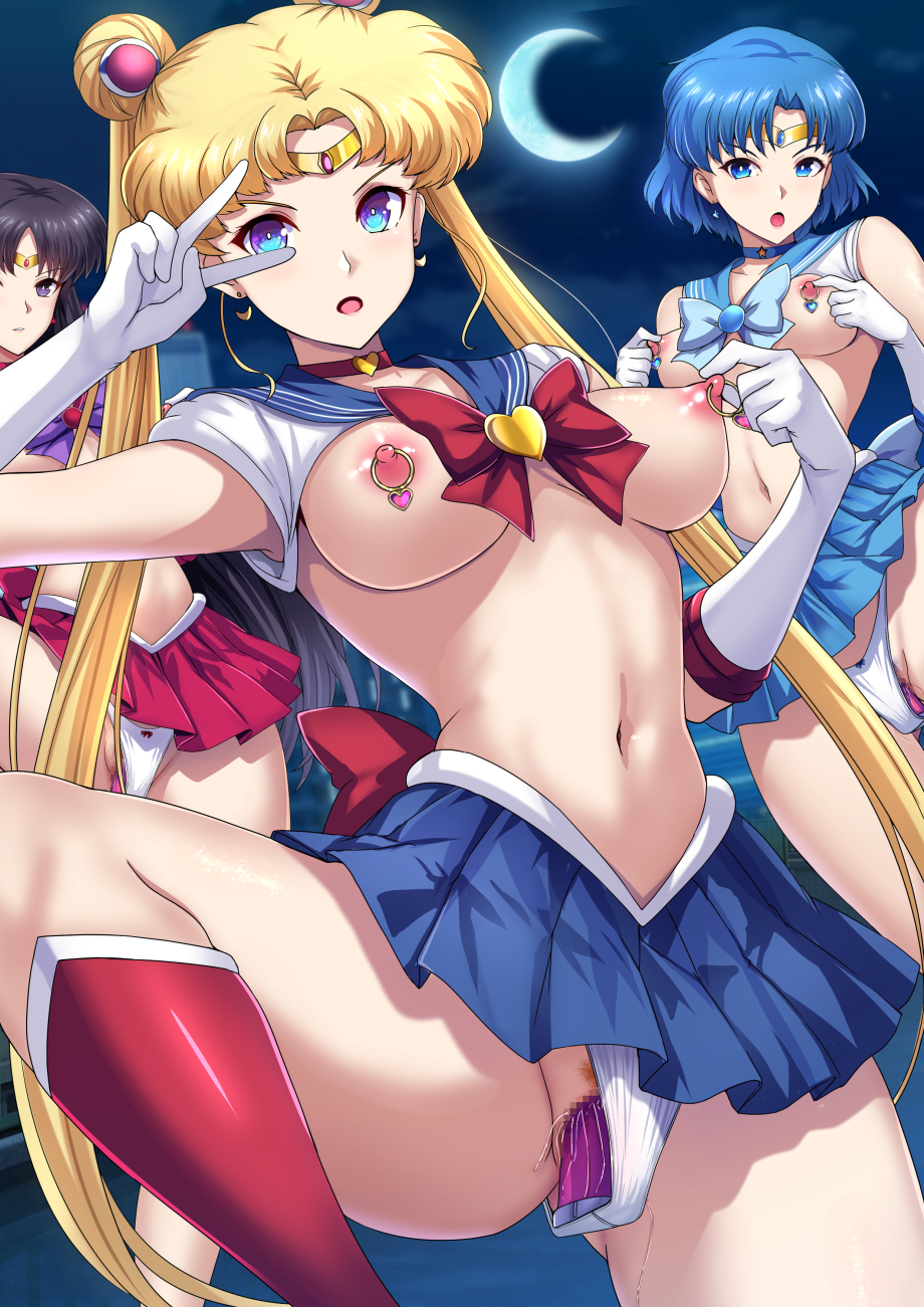 3girls bishoujo_senshi_sailor_moon black_hair blonde_hair blue_choker blue_eyes blue_hair blue_sailor_collar blue_skirt breasts change_in_common_sense choker commentary_request crescent_moon daiaru double_bun earrings elbow_gloves exhibitionism floating_earring gloves hair_bun highres hypnosis jewelry large_breasts long_hair looking_at_viewer magical_girl mind_control miniskirt moon multiple_girls navel night night_sky nipple_piercing nipple_rings object_insertion open_mouth panties piercing public_indecency red_skirt sailor_collar sailor_mars sailor_mercury sailor_moon sailor_senshi_uniform sex_toy short_hair skirt sky twintails underwear v v_over_eye vaginal_object_insertion vaginal_penetration vibrator white_gloves white_panties