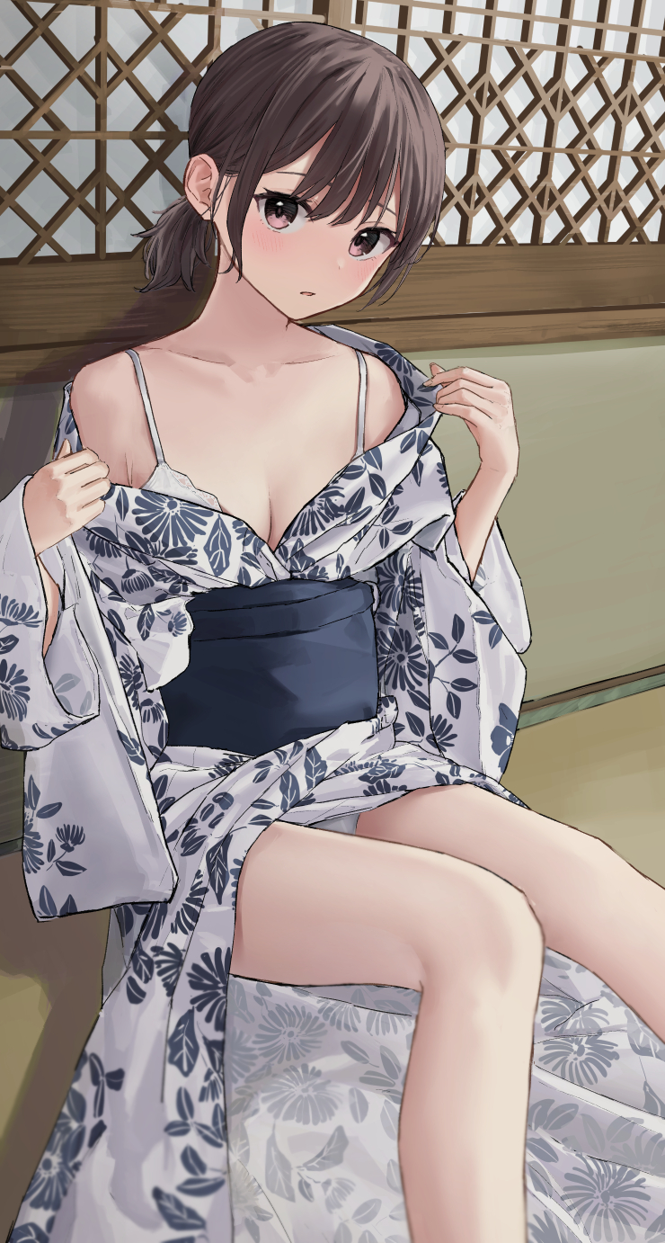 1girls akipeko bra breasts brown_hair collarbone commentary_request female highres japanese_clothes kimono legs looking_at_viewer medium_breasts obi off_shoulder original panties pantyshot pink_eyes ponytail print_kimono sash short_hair short_ponytail sitting solo thighs underwear white_bra white_kimono yukata