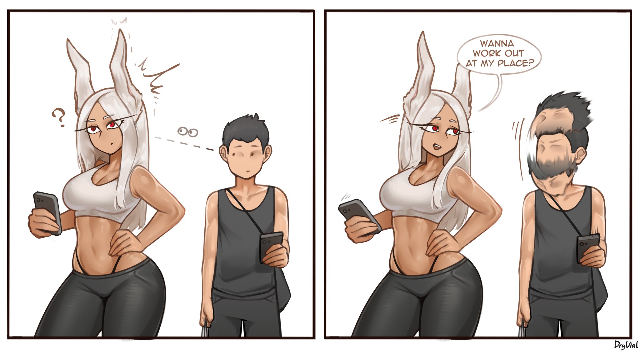 1boy, 1girls, abs, bare arms, bare shoulders, big breasts, breasts, bunny ears, bunny girl, color, dryvial, english text, female, fit female, hi res, large breasts, light skin, light-skinned female, long hair, male, male/female, miruko, muscles, muscular, muscular female, my hero academia, red eyes, rumi usagiyama, tagme, text, text bubble, thick thighs, white hair