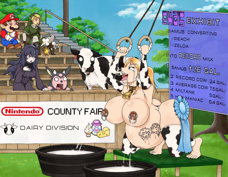 2020s 2021 2d 2d_(artwork) 3girls ass audience award being_watched bent_over big_ass billboard bloated_belly blonde_female blonde_hair blue_eyes breast_expansion breast_milk_squirting breasts brown_areola brown_nipples bucket clothes clothing cloud color colored county_fair cow_girl cow_horns cow_print cow_print_armwear cow_print_thighhighs cowification crossover crying day daytime digestion digital_media digital_media_(artwork) english_text fair female female_focus full_body grass heart_eyes hex_maniac hi_res highres holding_object hucow huge_breasts lactating lactation large_breasts light-skinned_female light_skin link mario mario_(series) metroid milk milk_bucket milking naked naked_female nintendo on_knees oral_vore outdoors outside pokemon ponytail princess_peach princess_zelda public public_nudity public_vore reactorgirl samus_aran side_view sign sky stomach super_mario_bros. tattoo tears text the_legend_of_zelda transformation tree vore vore_belly vore_tattoo wide_hips