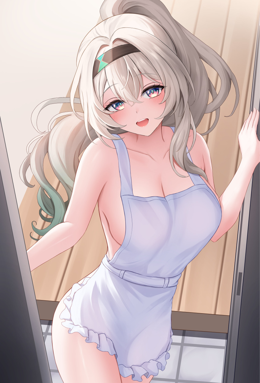 1girls, apron, breasts, cleavage, door, firefly (honkai: star rail), gradient hair, headband, honkai (series), honkai: star rail, large breasts, looking at viewer, multicolored eyes, naked apron, open door, ponytail, shouhaku0512, sideboob, silver hair, smiling, smiling at viewer, tied hair