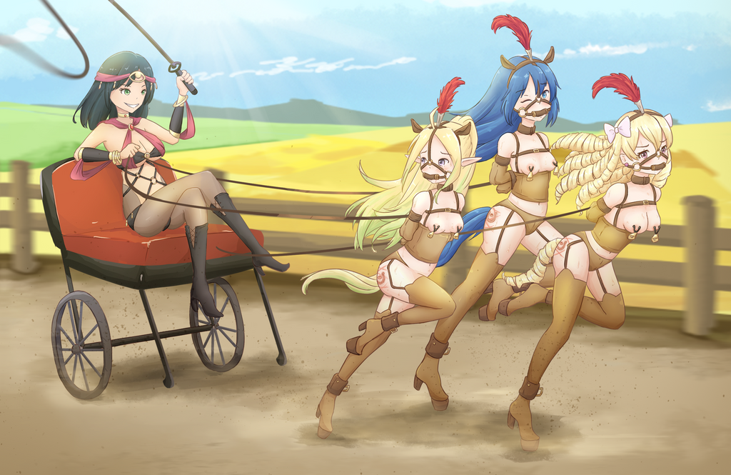 4girls animal_ear_hairband armbinder bit_gag black_hair blonde_female blonde_hair blue_hair bondage bound_arms character_request chariot collar corset drill_hair elf_ears elqro exposed_breasts feather_hair_ornament female female_only femdom femsub forced_labor harness heels horse_tail lezdom multiple_girls multiple_subs nipple_bells one_eye_closed ponygirl ponyplay pulling_carriage ribbon road running submissive_female tagme tattoo thighhighs whip