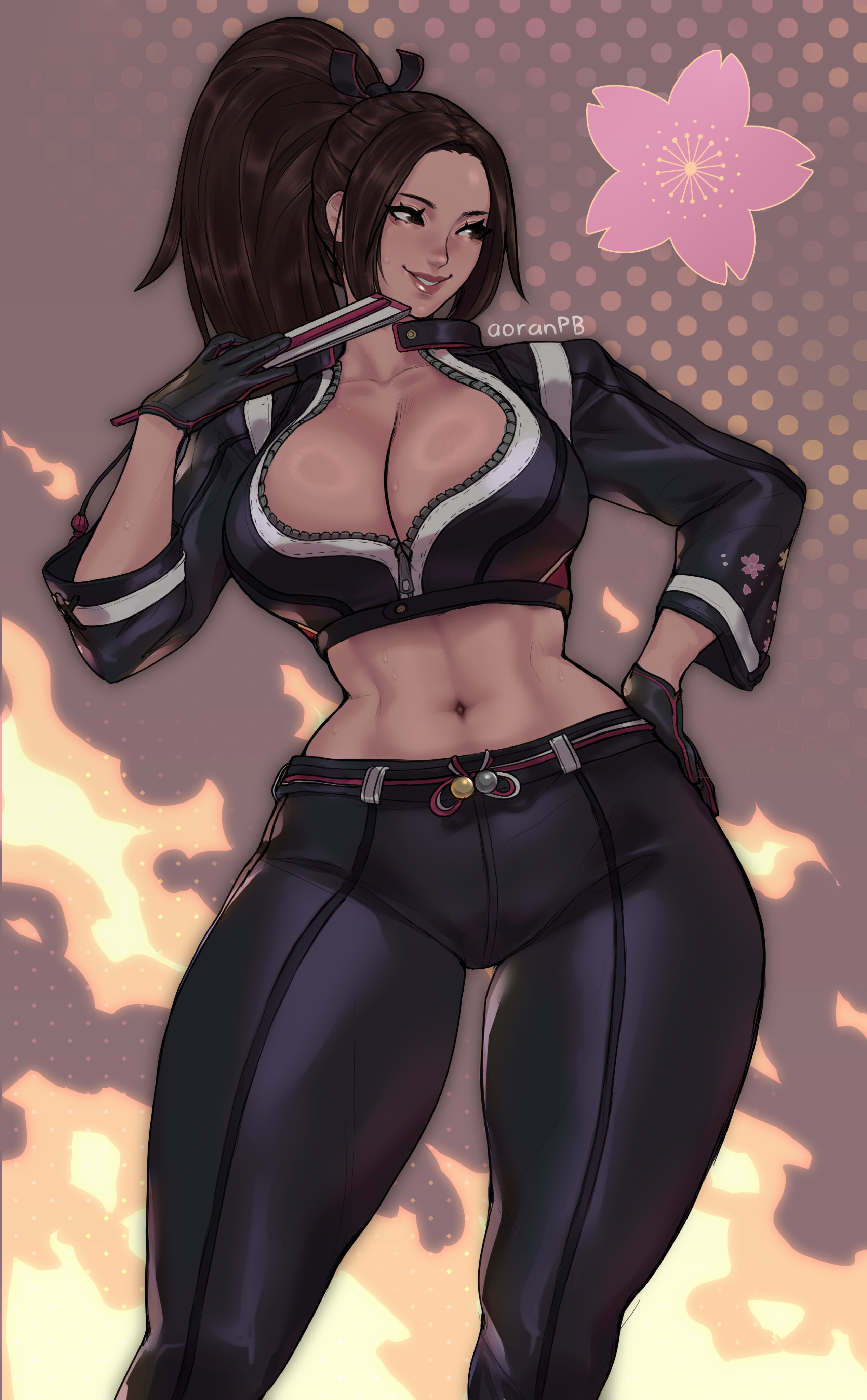 1girl, abs, absurdres, aoran p.b., aoranpb, artist name, biker girl, black gloves, black jacket, black pants, breasts, brown eyes, brown hair, cleavage, collarbone, commentary, crop top, cropped jacket, english commentary, fatal fury, fatal fury: city of the wolves, feet out of frame, female, forehead, gloves, gradient background, hair ornament, hand fan, hand on hip, hand on own hip, high ponytail, highres, holding, holding fan, huge breasts, jacket, king of fighters, large breasts, lips, long hair, looking to the side, mai shiranui, mai shiranui (city of the wolves), mai shiranui (street fighter 6), midriff, narrow waist, navel, no bra, official alternate costume, pants, parted bangs, parted lips, pink lips, ponytail, red background, skin tight, smile, solo, street fighter, street fighter 6, sweat, thick thighs, tight clothes, tight pants, toned, toned female, unzipped, wide hips, zipper