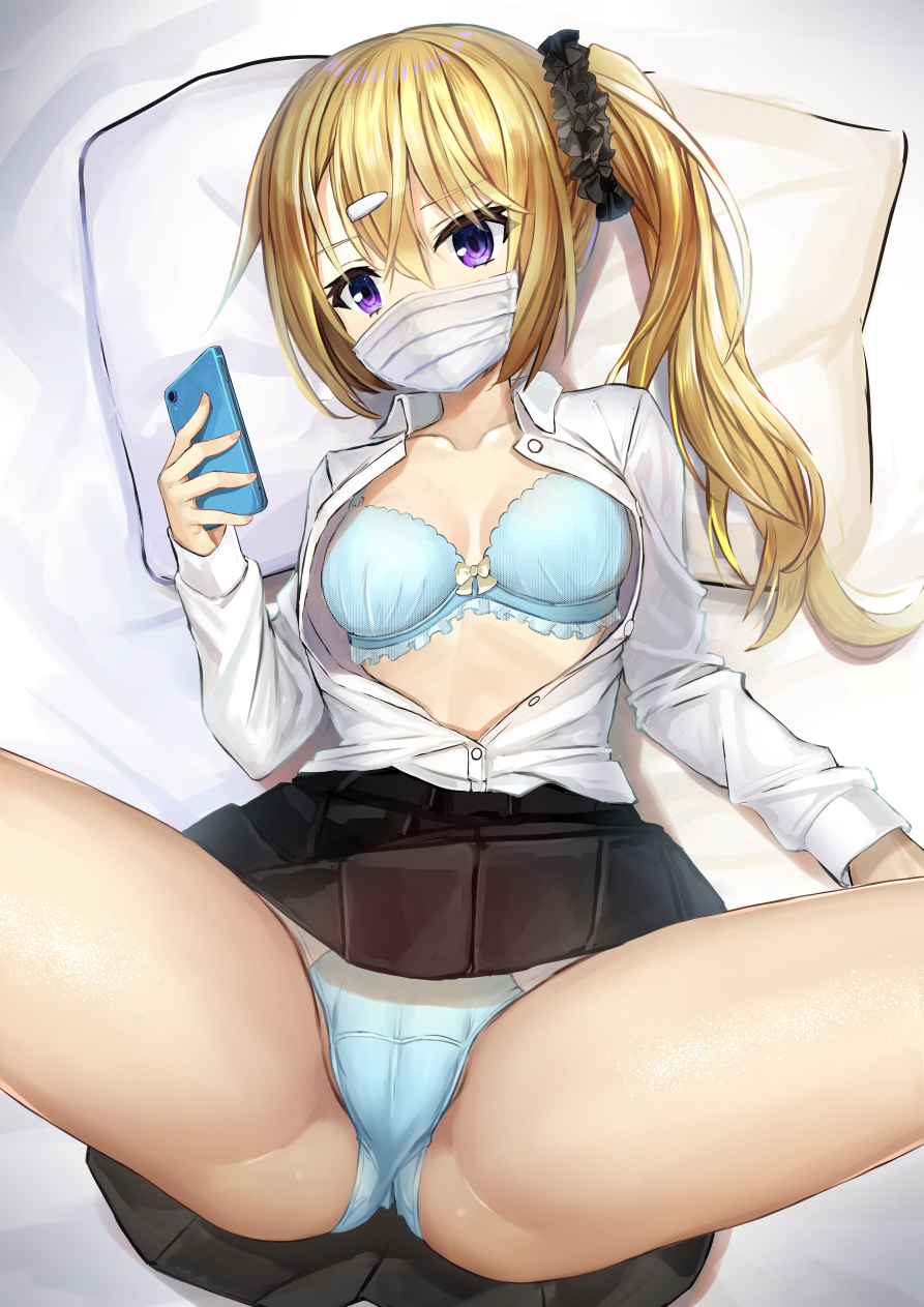 1girls black_scrunchie black_skirt black_socks blonde_hair blue_bra blue_panties bow bow_bra bra breasts cellphone commentary_request dress_shirt female hair_ornament hairclip highres holding holding_phone kneehighs long_hair mask mouth_mask one_side_up open_clothes open_shirt original panties phone pillow purple_eyes school_uniform scrunchie shiny_skin shirt skirt small_breasts smartphone socks solo spread_legs surgical_mask tsuseki underwear