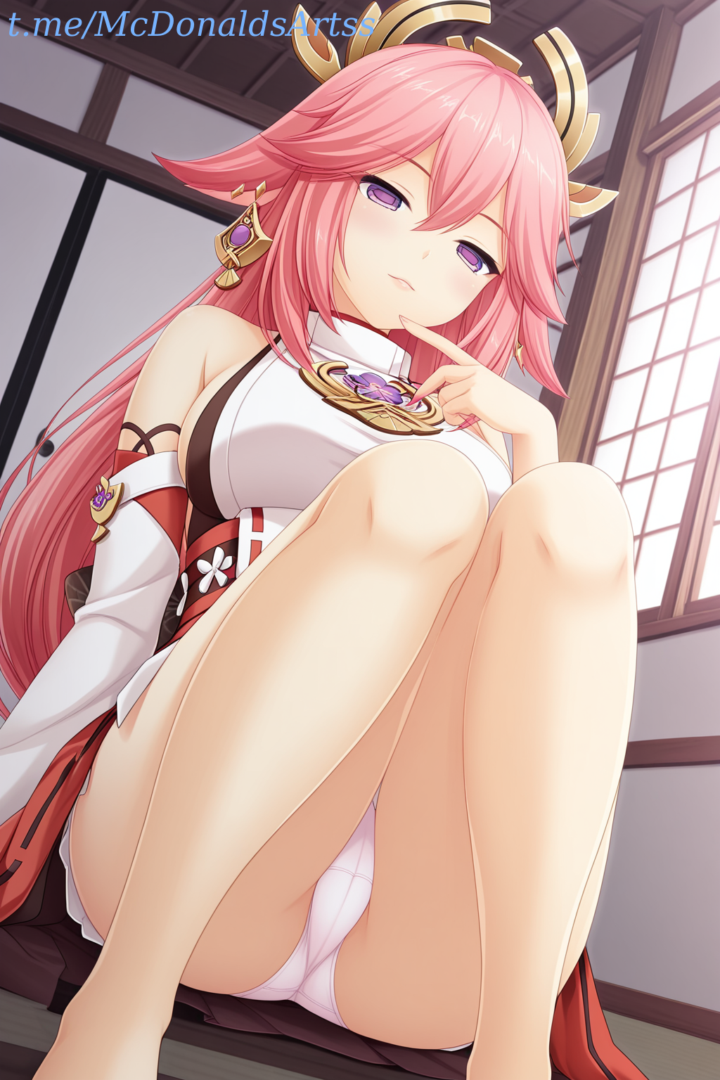 1female 1girl 1girls ai_generated animal_ears bare_legs bare_shoulders barefoot blush breasts cameltoe closed_mouth commentary_request detached_sleeves earrings feet_out_of_frame female finger_to_mouth fox_ears genshin_impact hair_between_eyes hair_ornament half-closed_eyes hand_up indoors japanese_clothes jewelry knees_up large_breasts long_hair long_sleeves looking_at_viewer nontraditional_miko panties pantyshot parted_lips pink_hair purple_eyes shirt sideboob sitting sleeveless sliding_doors smile solo thighs underwear very_long_hair white_panties white_shirt wide_sleeves yae_miko zelanell