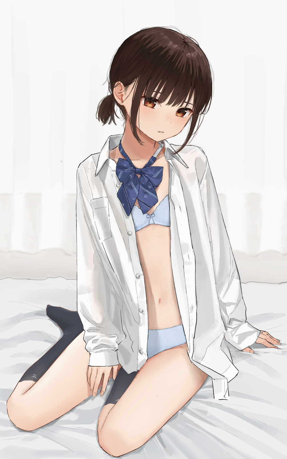 1girls, akipeko, bed sheet, black hair, black socks, blue bow, blue bowtie, blue bra, blue panties, blunt bangs, bow, bowtie, bra, brown eyes, closed mouth, collared shirt, commentary request, female, flat chest, highres, long sleeves, looking at viewer, loose bowtie, navel, on bed, open clothes, open shirt, original, panties, ponytail, shirt, short ponytail, sitting, socks, solo, underwear, white shirt, yokozuwari