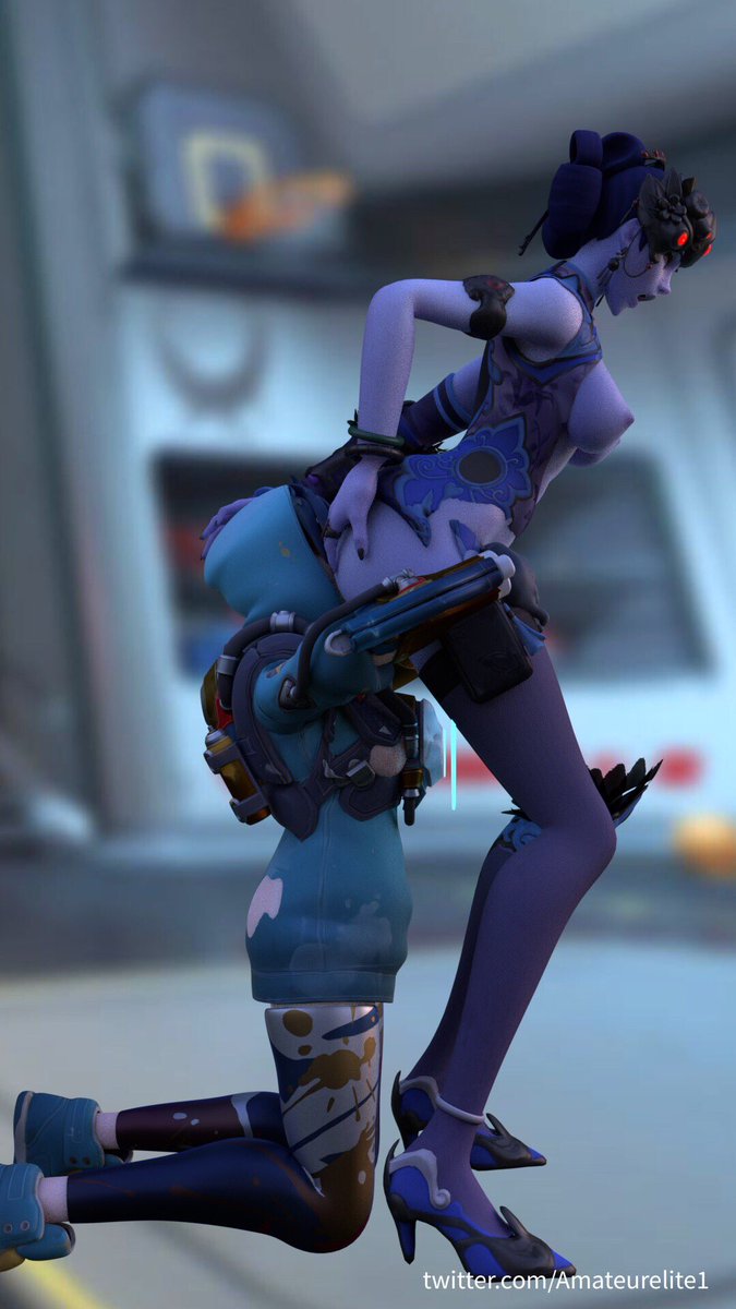 3d alternate_costume amateurelite black_lily_widowmaker blizzard_entertainment blue_hair breasts duo female female_only graffiti_tracer lunar_new_year lunar_new_year_series oral overwatch tracer widowmaker year_of_the_dog yuri