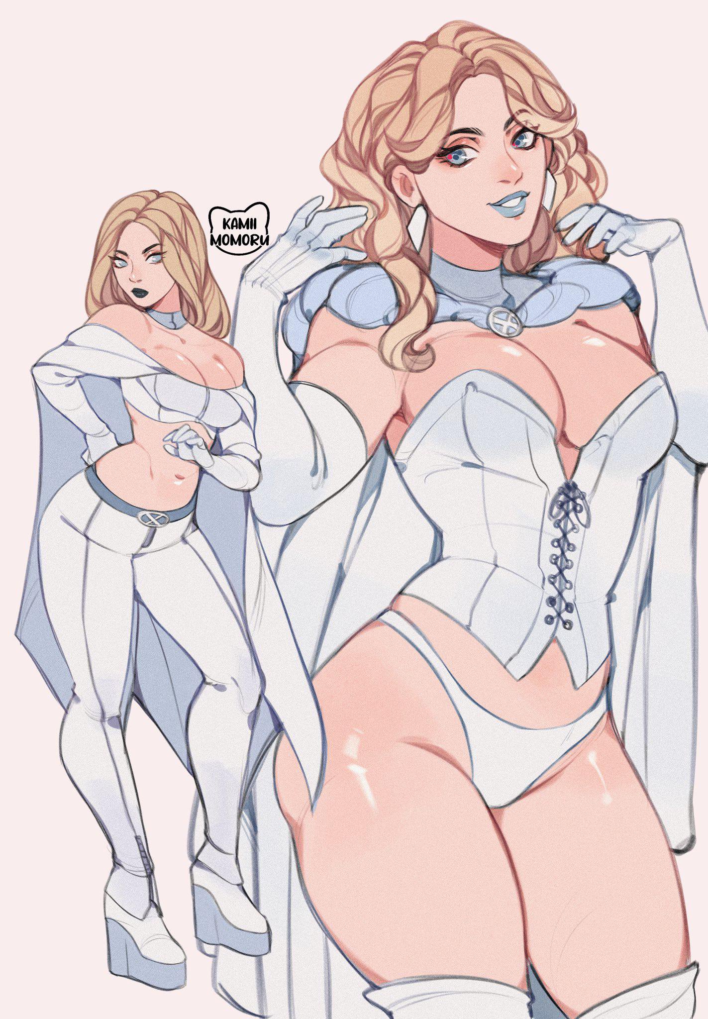 1girls, ass, bare thighs, blonde female, blonde hair, blue lipstick, caucasian, caucasian female, curvy, different poses, emma frost, female, female only, hourglass figure, kamii momoru, marvel, marvel comics, solo, thick legs, x-men