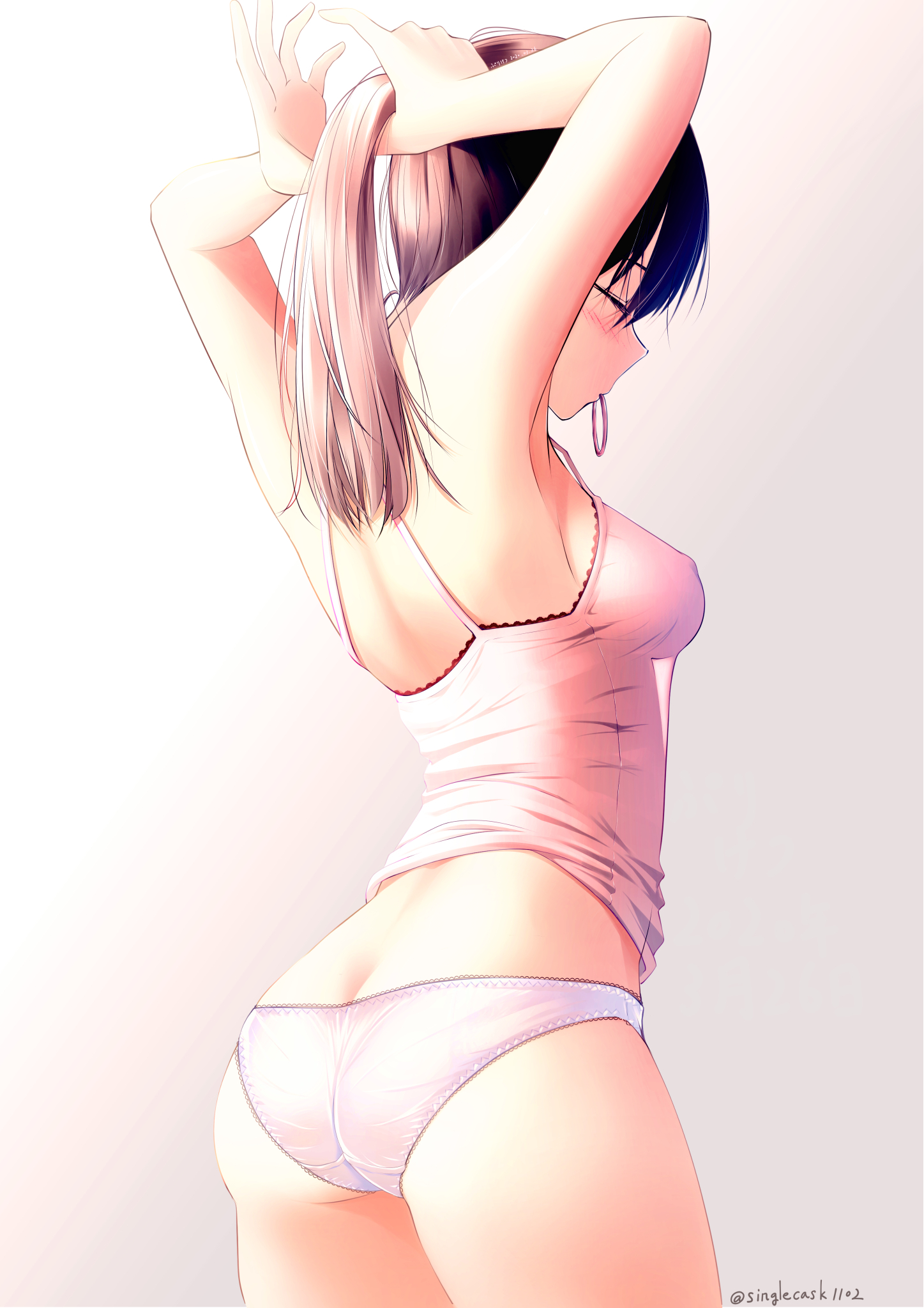 1girls, adjusting hair, armpits, arms behind head, arms up, ass, ass cleavage, ass crack, back, bare arms, bare shoulders, blush, breasts, brown hair, butt crack, camisole, closed eyes, commentary request, covered nipples, cowboy shot, female, from behind, hair tie in mouth, highres, long hair, medium breasts, mouth hold, original, panties, picot trim panties, puriketsu corgy, see-through clothes, simple background, solo, thighs, twitter username, tying hair, underwear, underwear only, white background