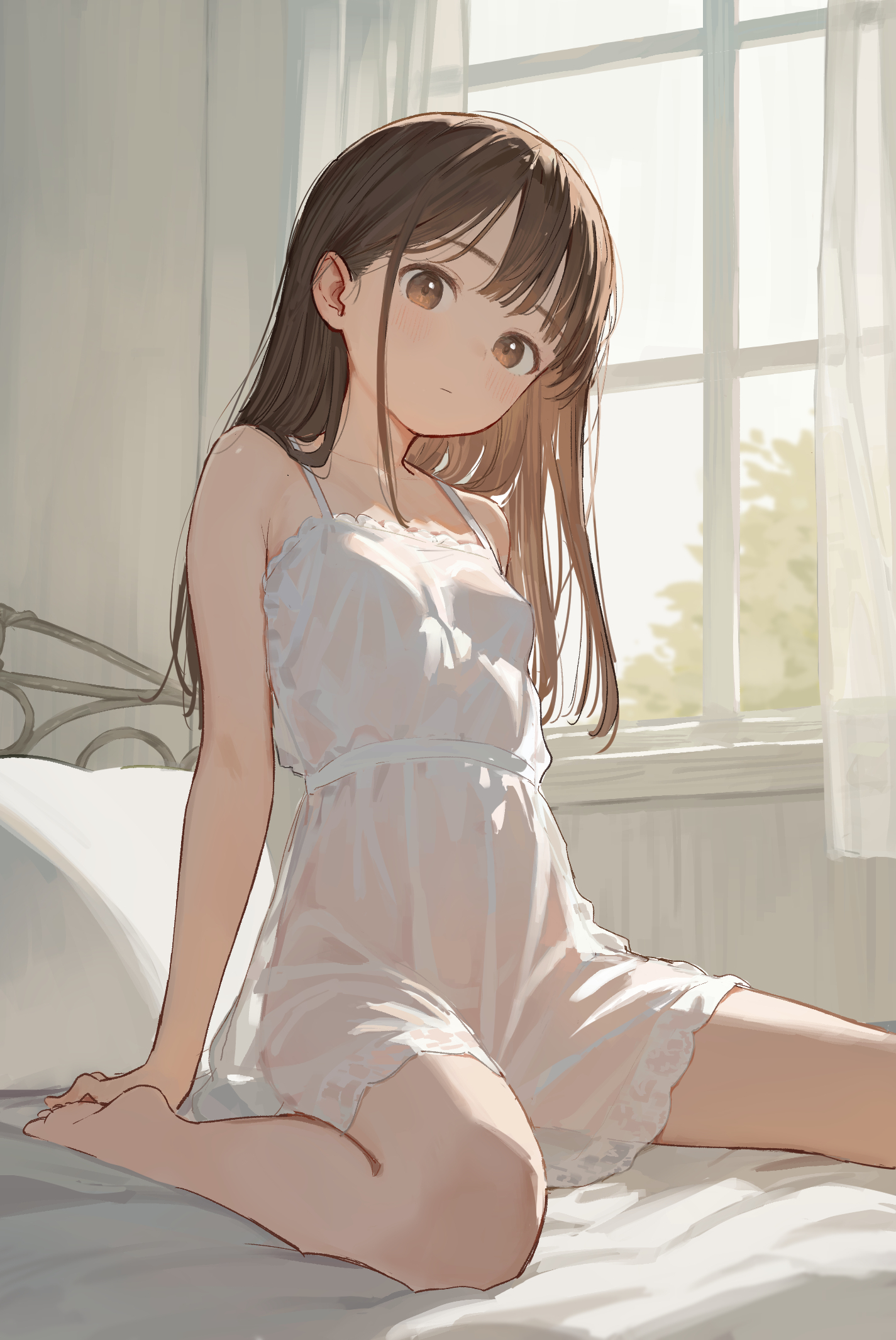 1girls, akipeko, bare legs, barefoot, bed, breasts, brown eyes, brown hair, camisole, commentary, dress, female, highres, indoors, long hair, looking at viewer, on bed, original, paid reward available, revision, see-through clothes, seiza, sitting, small breasts, solo, spaghetti strap, white camisole, window