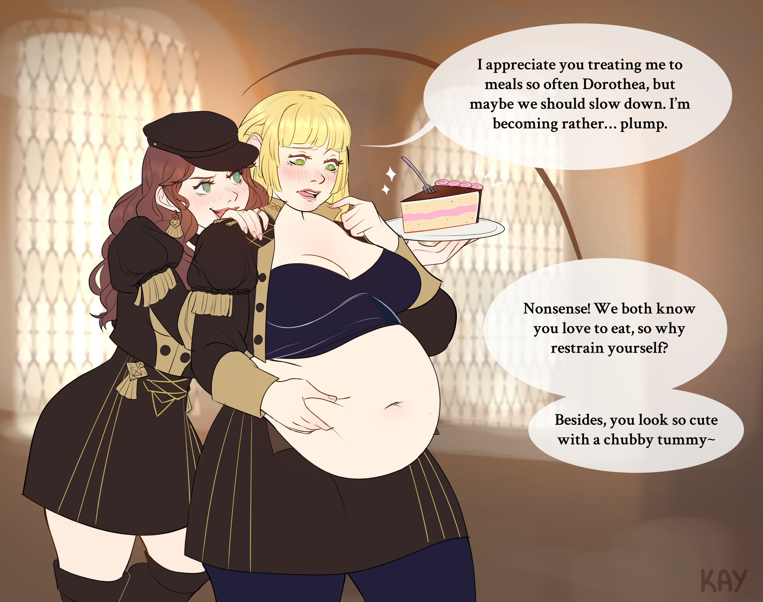 2girls, bbw, blush, breasts, cake, chubby, chubby female, cleavage, dialogue, dorothea arnault, feeder, feederism, female, female feeder, female only, fire emblem, huge belly, human, ingrid brandl galatea, kay inthedark, large breasts, mutual weight gain, text, weight gain, weight gain female, yuri