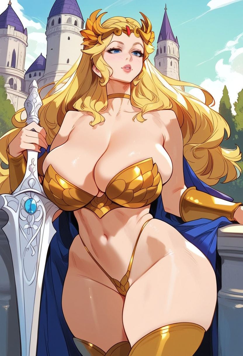 1girls 2d ai_generated big_breasts bikini_armor blonde_female blonde_hair breasts cape cleavage female female_focus female_only gold_(metal) panties she-ra she-ra_princess_of_power solo solo_female solo_focus tagme tiara