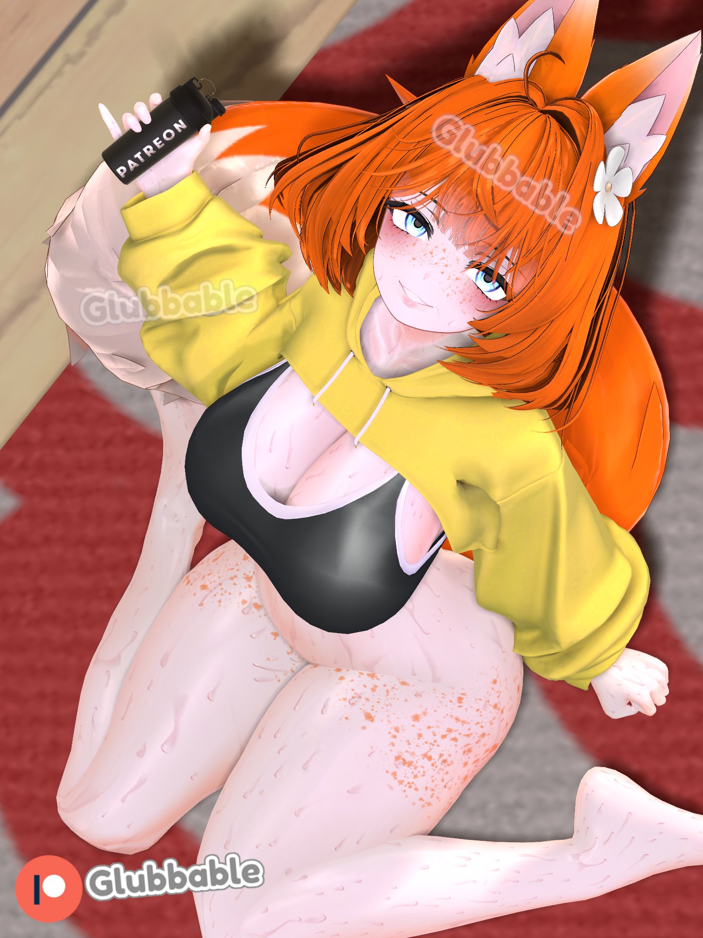 1girls, ahoge, animal ears, blue eyes, bottomless, breasts, cleavage, crop top, cropped hoodie, female, female only, fox, fox ears, fox girl, fox tail, freckled face, freckles, freckles on ass, freckles on breasts, freckles on butt, freckles on chest, freckles on face, freckles on thighs, ginger, ginger hair, glubbable, high-angle view, holding cup, holding object, indie virtual youtuber, large breasts, light skin, light-skinned female, looking at viewer, looking up, patreon, patreon logo, patreon username, smug, smug face, smug grin, solo, solo female, solo focus, sports bra, sweat, sweatdrop, sweating, sweaty, sweaty body, sweaty breasts, sweaty genitalia, sweaty legs, sweaty thighs, sweaty tits, thick thighs, thighs, virtual youtuber, vrchat, vtuber