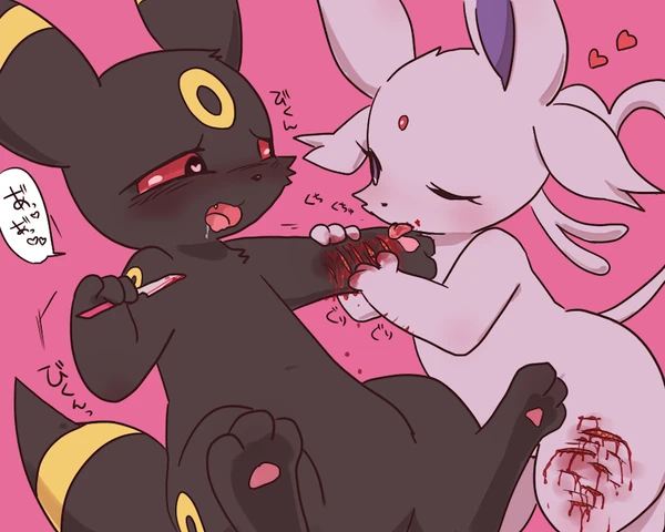 ambiguous_gender black_body black_fur blade blood blush blush_lines bodily_fluids drooling duo eeveelution espeon feral fur generation_2_pokemon gore heart_eyes heart_symbol japanese_text nintendo open_mouth pawpads paws pokemon pokemon_(species) purple_body purple_fur pyonko red_eyes saliva self-harm text tongue tongue_out umbreon wound_on_arm wound_on_leg wounded