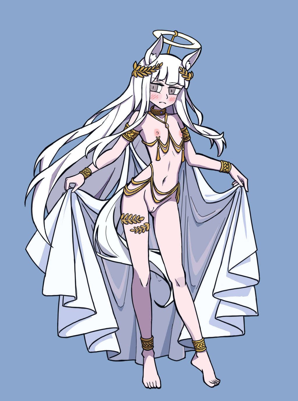 alternate_costume animal_ears arknights barefoot blue_background blush bracelet cape cape_lift chinese_commentary cleft_of_venus commentary_request fake_halo female frown gold gold_anklet gold_armlet gold_belt gold_bracelet gold_collar halo highres horse_ears horse_girl horse_tail hydrogina jewelry large_variant_set laurel_crown long_hair looking_at_viewer navel nipples nude platinum_(arknights) purple_eyes pussy revealing_clothes ringed_eyes simple_background solo tail tassel vanripper_(style) variant_set white_cape white_hair yellow_halo