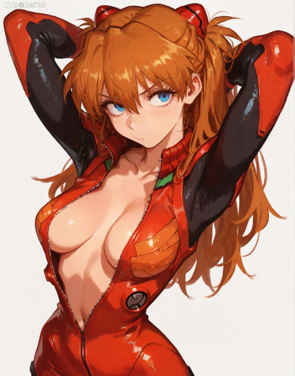 1girls, a1exwell, ai generated, arms behind head, asuka langley sohryu, bodysuit, breasts, female, medium breasts, neon genesis evangelion, no bra, open clothes, sfw, stable diffusion, upper body