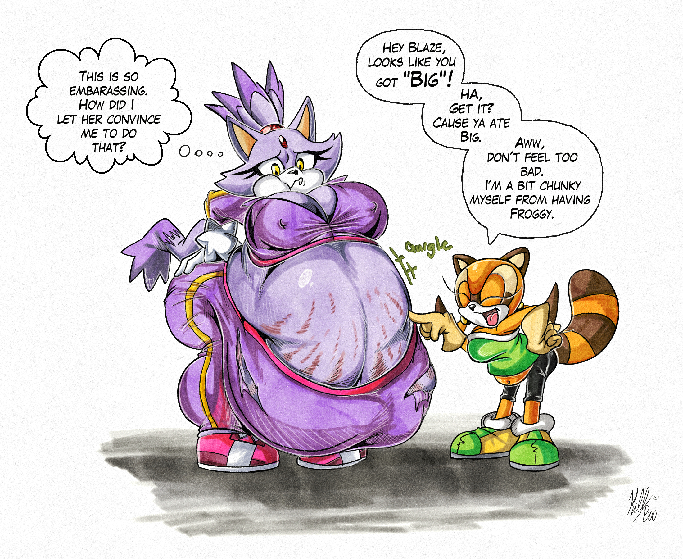 2023, after vore, anthro, belly, belly overhang, big belly, big breasts, blaze the cat, breasts, clothing, domestic cat, duo, english text, fat, felid, feline, felis, female, footwear, fur, gloves, handwear, hi res, huge belly, hyper, hyper belly, killboo, mammal, marine the raccoon, morbidly obese, morbidly obese anthro, morbidly obese female, obese, obese anthro, obese female, overweight, overweight anthro, overweight female, procyonid, purple body, purple clothing, purple fur, raccoon, sega, shoes, simple background, sonic (series), sonic the hedgehog (series), stretch marks, text, vore, white background