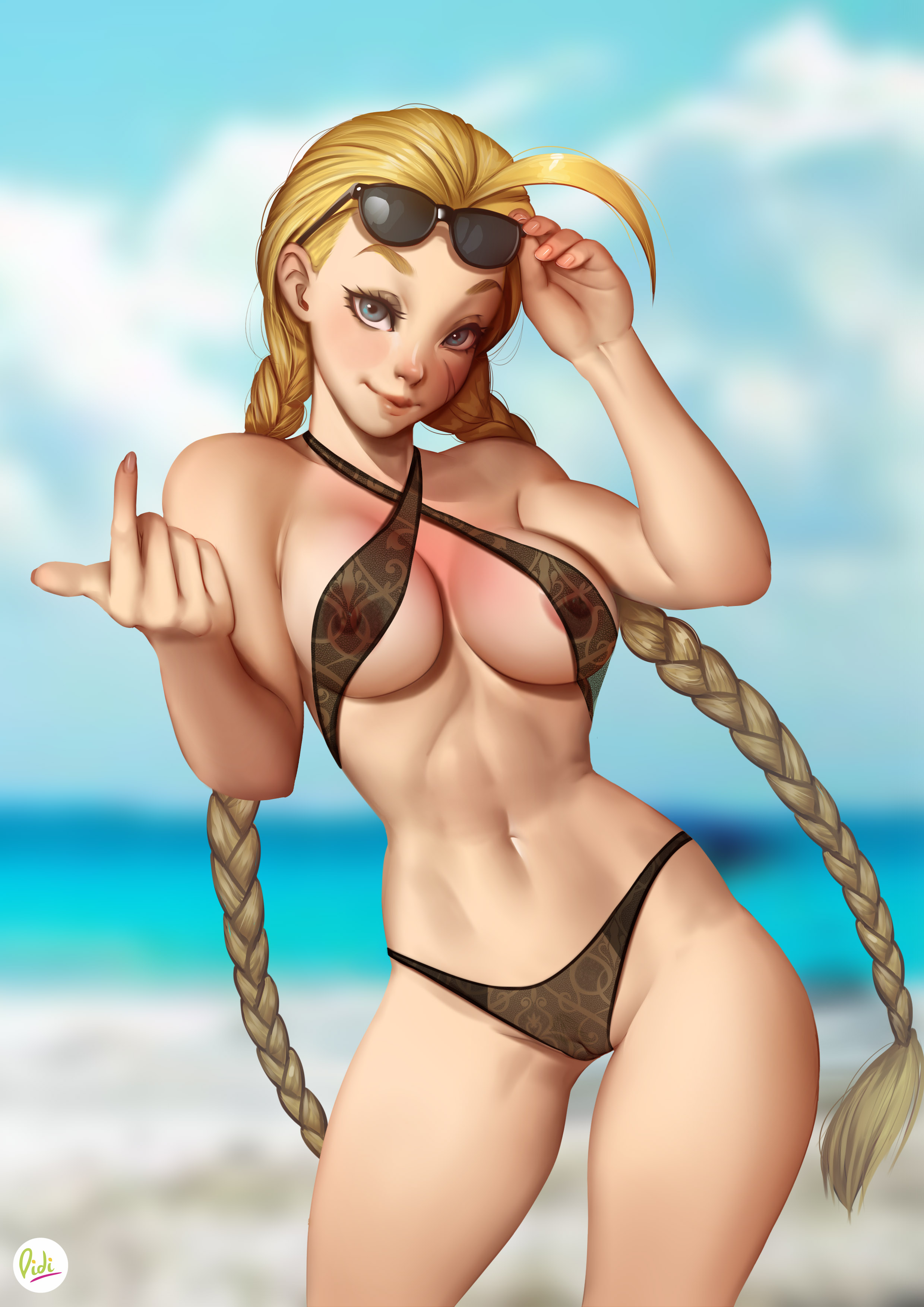 absurdres, ahoge, areola slip, areolae, beach, beckoning, black bikini, blonde hair, blue eyes, blurry background, blush, braid, breasts, cammy white, capcom, clothed, clouds, cowboy shot, curvy, didi esmeralda, eyelashes, eyeliner, eyeshadow, facial scar, female, female only, female pubic hair, front view, gesture, highres, human, inviting, large breasts, lingerie, long hair, looking at viewer, makeup, navel, nipples, outdoors, pubic hair, pussy, sand, scar, see-through, signature, skimpy, solo, standing, street fighter, street fighter ii, sunglasses, sunglasses on head, twin braids, twintails, very long hair, water