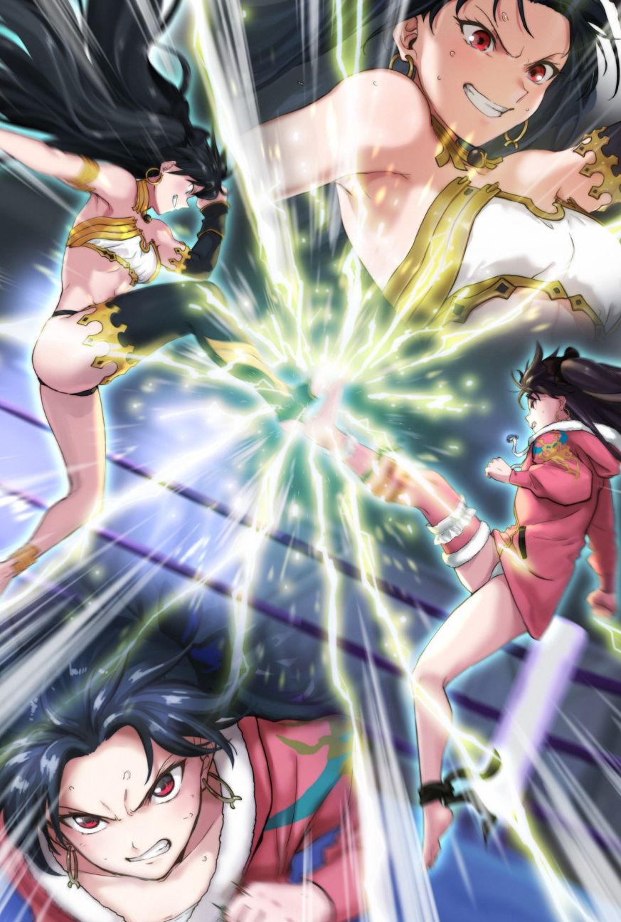 2girls aoba_(smartbeat) armlet bikini black_hair bracelet breasts catfight clenched_teeth detached_sleeves dual_persona earrings electricity fate/grand_order fate_(series) female fighting fur-trimmed_legwear fur_trim gold_trim hair_ribbon highres hood hoodie hoop_earrings ishtar_(fate) ishtar_(swimsuit_rider)_(fate) jacket jewelry kicking long_hair long_sleeves looking_at_viewer medium_breasts mismatched_bikini multiple_girls neck_ring one-piece_swimsuit parted_bangs pink_hoodie pink_jacket red_eyes ribbon single_detached_sleeve single_thighhigh sparks swimsuit teeth thighhighs thighlet thighs tiara two_side_up white_one-piece_swimsuit wrestling_ring
