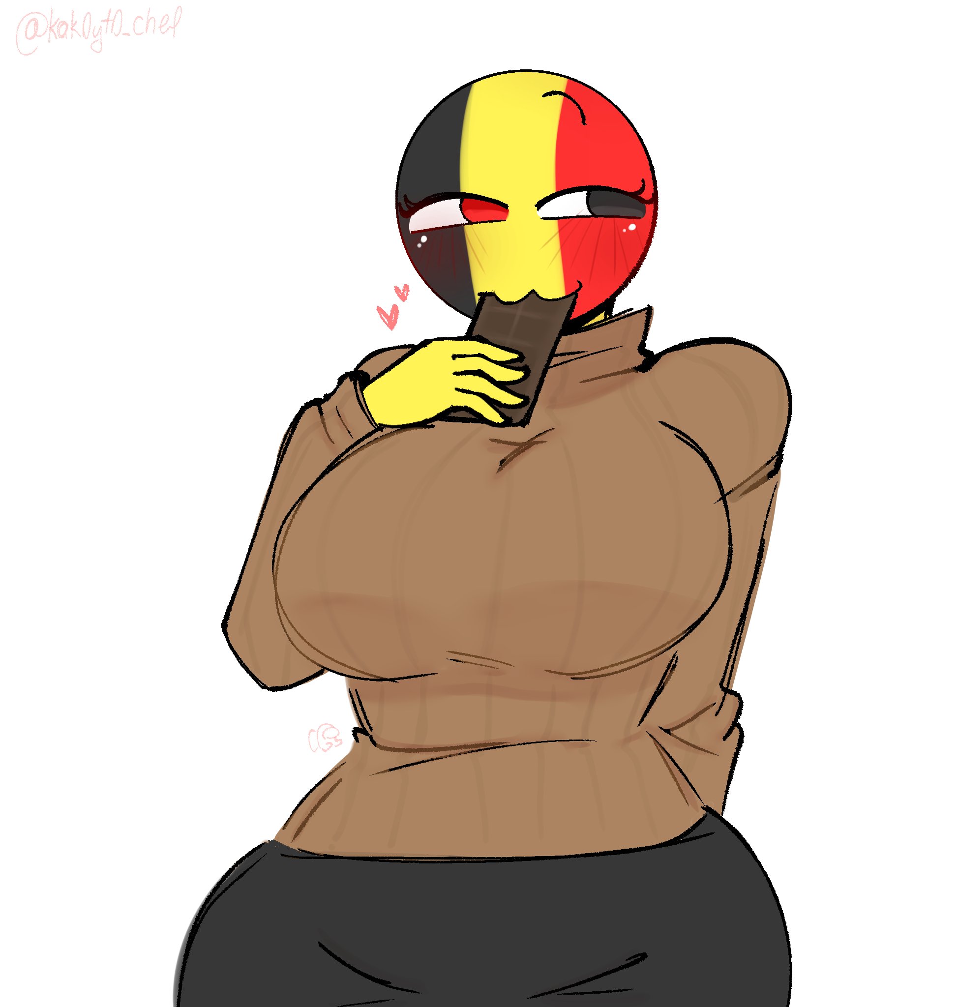 1girls, amogus, among us reference, artist name, ass, belgium (countryhumans), big ass, big breasts, breasts, chocolate, clothed, clothing, countryhumans, countryhumans girl, eating, female, female only, heart symbol, kak0yt0 chel, one arm behind back, one hand behind back, solo, sweater, twitter username