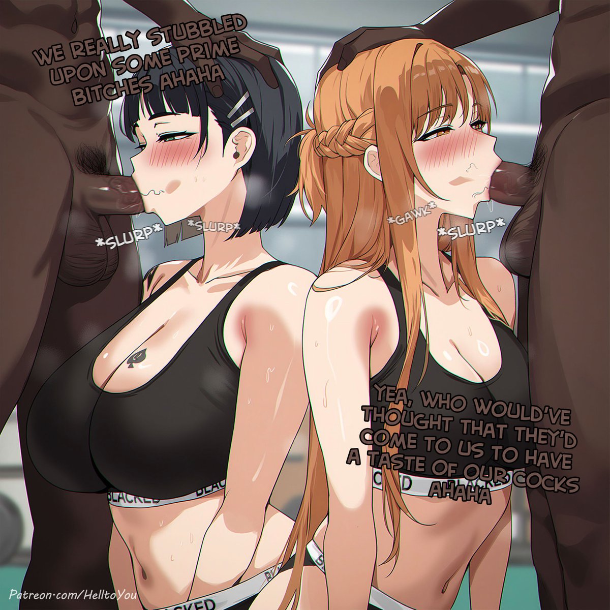 1boy 1girls 2boys 2girls ai_generated bare_arms bare_legs bare_shoulders bare_thighs big_penis black_hair blacked blowjob blush color dark-skinned_male dark_skin english_text fellatio female heart-shaped_pupils helltoyou hi_res interracial kirigaya_suguha licking licking_penis light-skinned_female light_skin long_hair male male/female netorare ntr oral oral_sex orange_hair pov queen_of_spades short_hair sucking sucking_penis sword_art_online text thick_thighs yuri yuuki_asuna