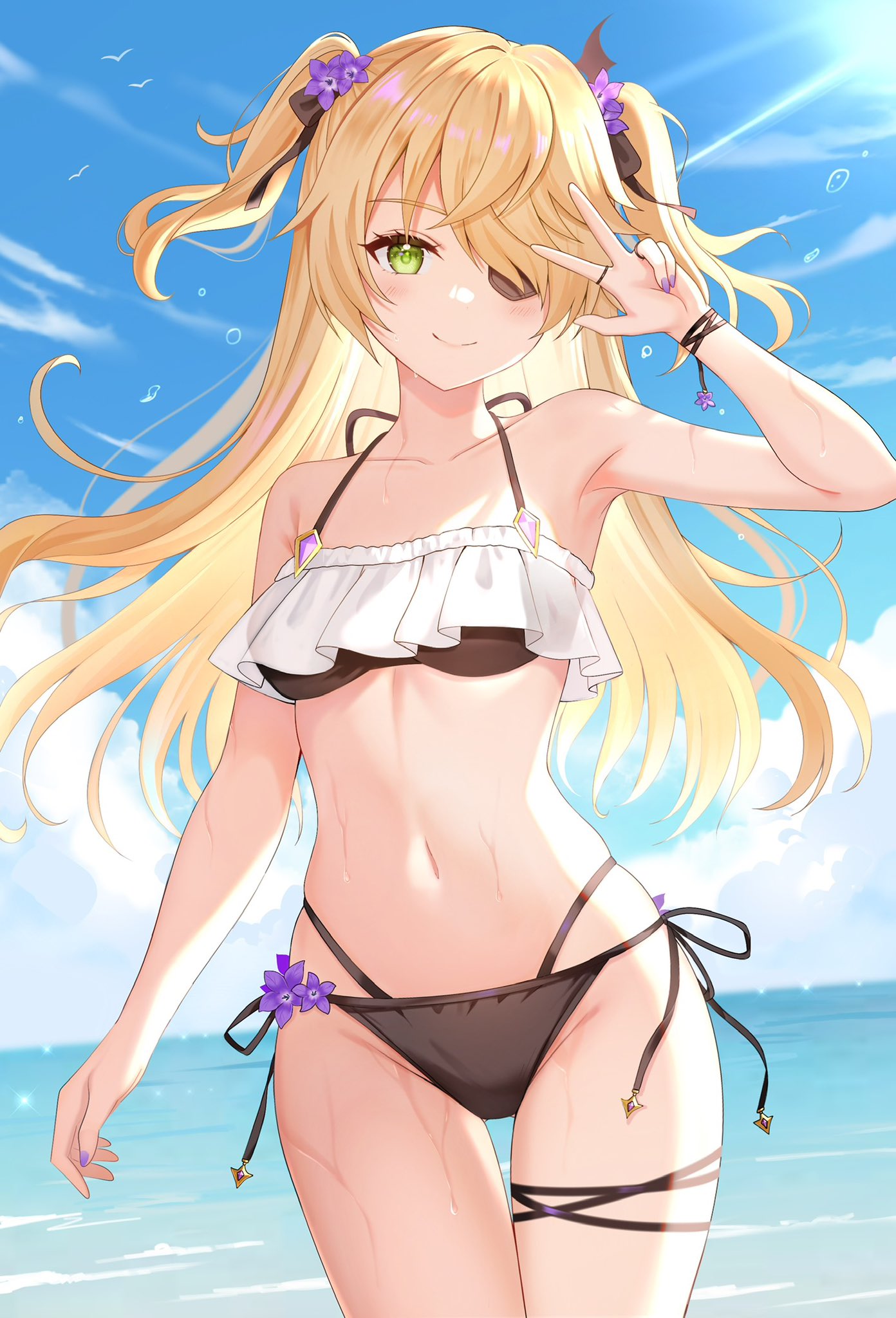 1girls, 2d, 2d (artwork), alternate costume, beach, bikini, bikini bottom, bikini top, black bikini, black bikini bottom, black bikini top, black swimsuit, blonde hair, breasts, clouds, day, eyepatch, female, female focus, female only, fischl (genshin impact), front view, genshin impact, green eyes, hair over one eye, high resolution, highres, light skin, light-skinned female, long hair, looking at viewer, medium breasts, nasii, navel, ocean, outdoors, pigtails, purple nails, sky, slim female, smiling, smiling at viewer, solo, solo female, solo focus, standing, summer, sun, sunlight, swimsuit, thong bikini, two piece swimsuit, water, wet, wet body, young, younger female