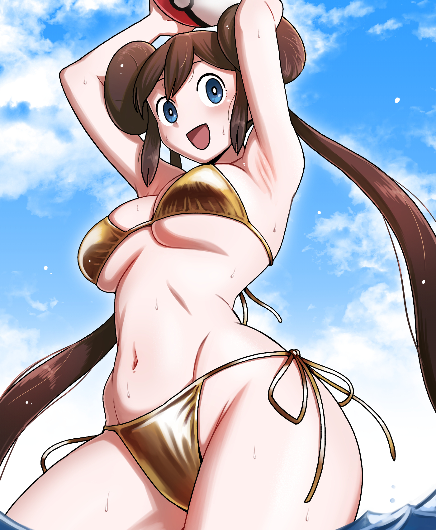 1girls, beach ball, bikini, blue eyes, breasts, brown hair, cloud, clouds, female, gold bikini, gooberman, in water, long hair, looking at viewer, navel, nintendo, open mouth, poke ball, pokeball, pokemon, pokemon bw, pokemon bw2, rosa (pokemon), side tie bikini, side-tie bikini, sky, swimsuit, twintails, water, wet