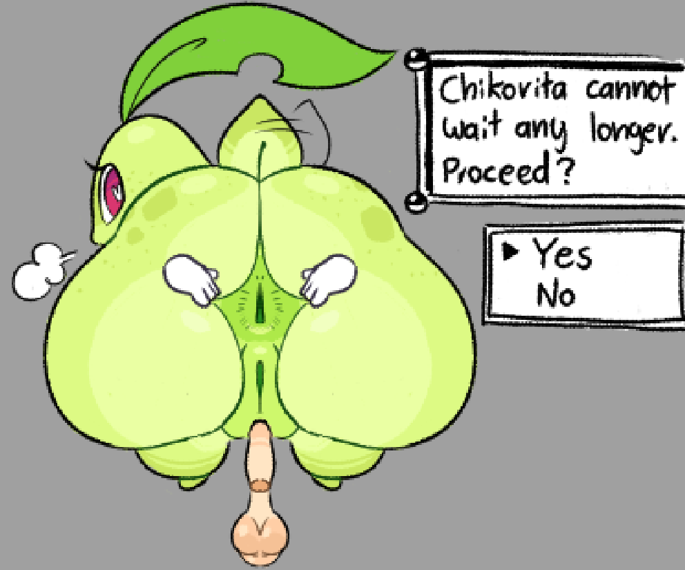 anal, anal invitation, anal suggest, anus, ass, balls, big ass, big butt, chikorita, disembodied hand, disembodied penis, duo, english text, erection, female, feral, generation 2 pokemon, genitals, green body, heart pupils, huge ass, huge butt, looking at viewer, looking back, male, male/female, nintendo, penis, pokemon, pokemon (species), pussy, question mark, red eyes, sleepyslut, spread ass, spread butt, spreading, text