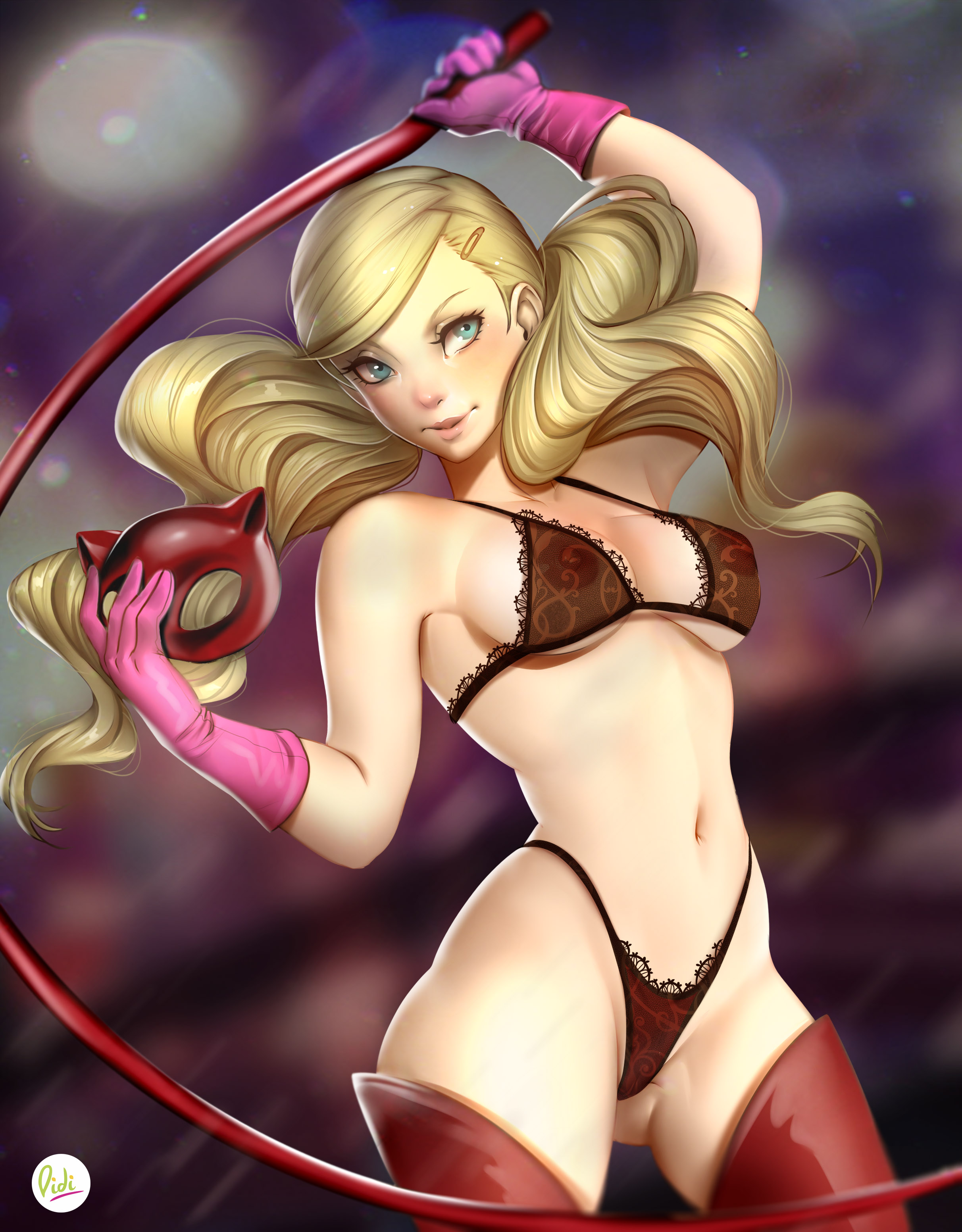 adapted costume, animal mask, ann takamaki, armpits, artist name, atlus, bare arms, bare shoulders, belly, black bra, black panties, black underwear, blonde hair, blue eyes, blurry background, blush, boots, bra, breasts, breasts out of clothes, casual, cleavage cutout, clothes, clothing, costume, covered breasts, cowboy shot, curvaceous, cutout, didi esmeralda, elbow gloves, erect nipples, erect nipples under clothes, eyelashes, eyeliner, eyeshadow, feline, female, female only, footwear, functionally nude, gauntlets, gloves, gradient, gradient background, hair ornament, hairclip, handwear, high resolution, hips, holding, holding object, holding weapon, holding whip, human, large breasts, legs, legwear, light skin, light-skinned female, lips, lipstick, long hair, looking at viewer, makeup, mascara, mask, mask removed, midriff, navel, nipples, nude, pale skin, pantsu, patreon reward, persona, persona 5, phantom thief suit, pink gloves, realistic, red bodysuit, red boots, red footwear, red shoes, see-through, shoes, skin tight, smile, solo, standing, stomach, thigh boots, thighhighs, thighs, tied hair, tight, tight clothes, twintails, underwear, very high resolution, video game, watermark, weapon, whip, zipper