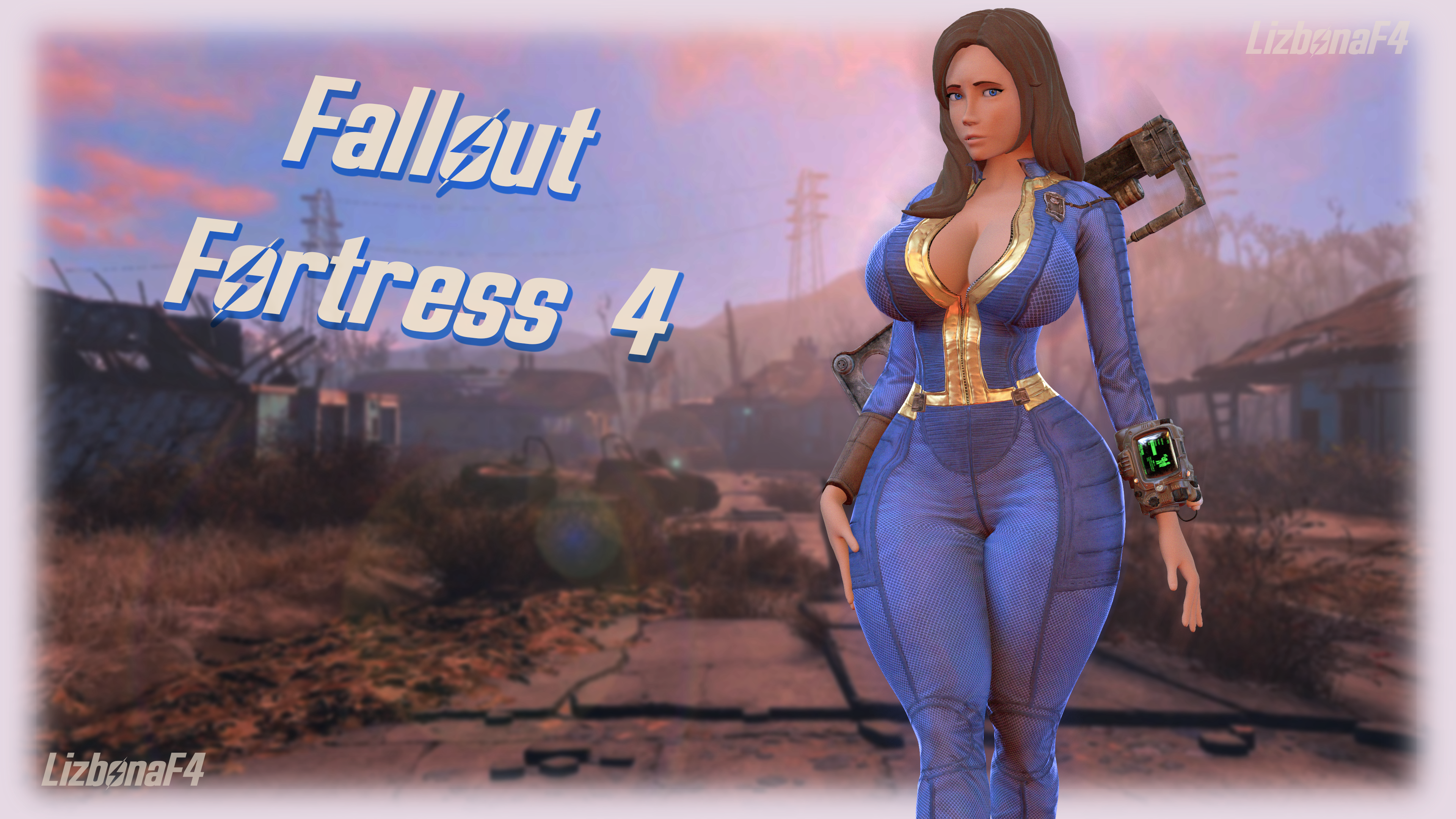 3d, absurd res, bethesda softworks, blue eyes, boob window, breasts, cosplay, curvy figure, f4, fallout, female, female only, femscout, femscout (alt design), hand on hip, huge breasts, light skin, light-skinned female, long hair, solo, source filmmaker, suit, team fortress 2, text, thick thighs, valve, vault dweller, vault girl, vault suit