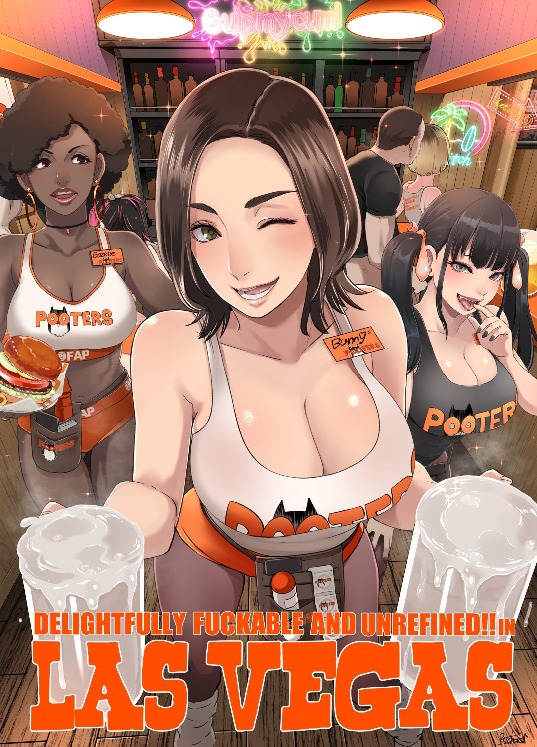 ass beer_mug blonde_hair blue_eyes brand_name_imitation breasts butcha-u cleavage condom condom_packet_strip condom_wrapper cover cover_page crotchless_shorts cum cum_in_container cum_in_cup cup dark_skin delightfully_fuckable_and_unrefined!! doujin_cover employee_uniform hashtag-only_commentary highres hooters large_breasts long_hair looking_at_viewer loose_socks mug multiple_boys name_tag no_legwear open_mouth orange_shorts pussy_cutout short_hair short_shorts shorts smile socks straight tank_top