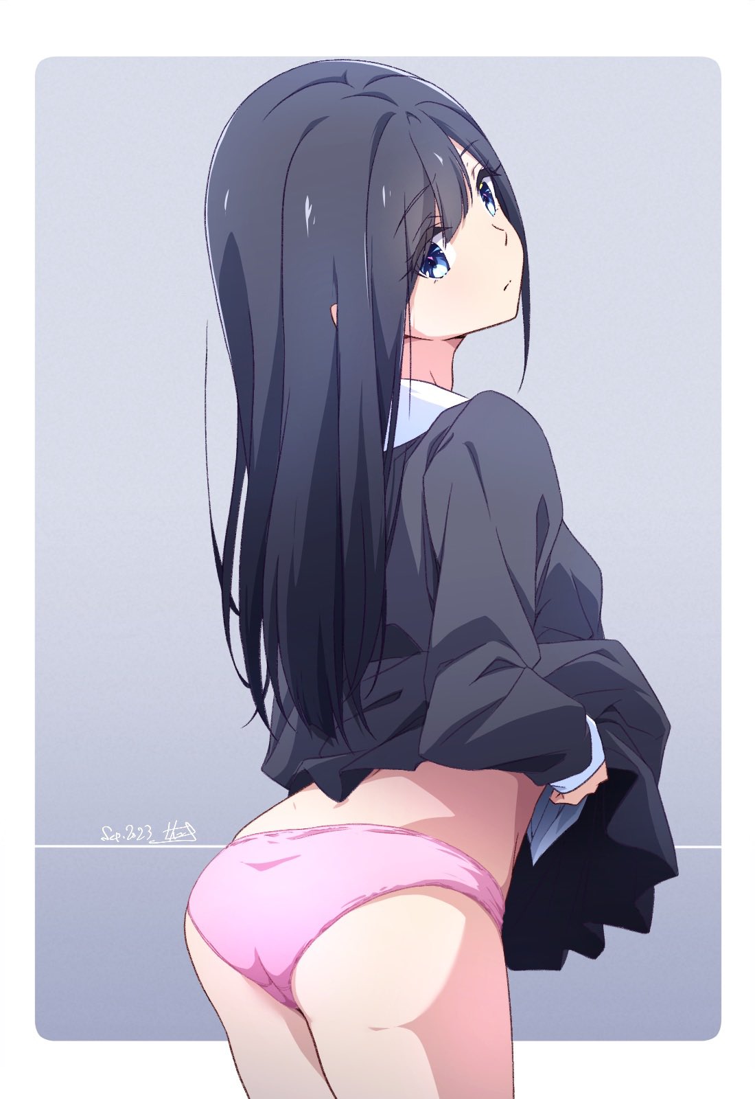 1girls ass black_hair blazer blue_eyes border clothes_lift dated expressionless from_behind grey_jacket grey_skirt highres jacket lifting_own_clothes long_hair looking_back monai-chan_(nii_manabu) nii_manabu original panties pink_panties pleated_skirt shirt simple_background skirt skirt_lift solo thighs underwear white_border white_shirt