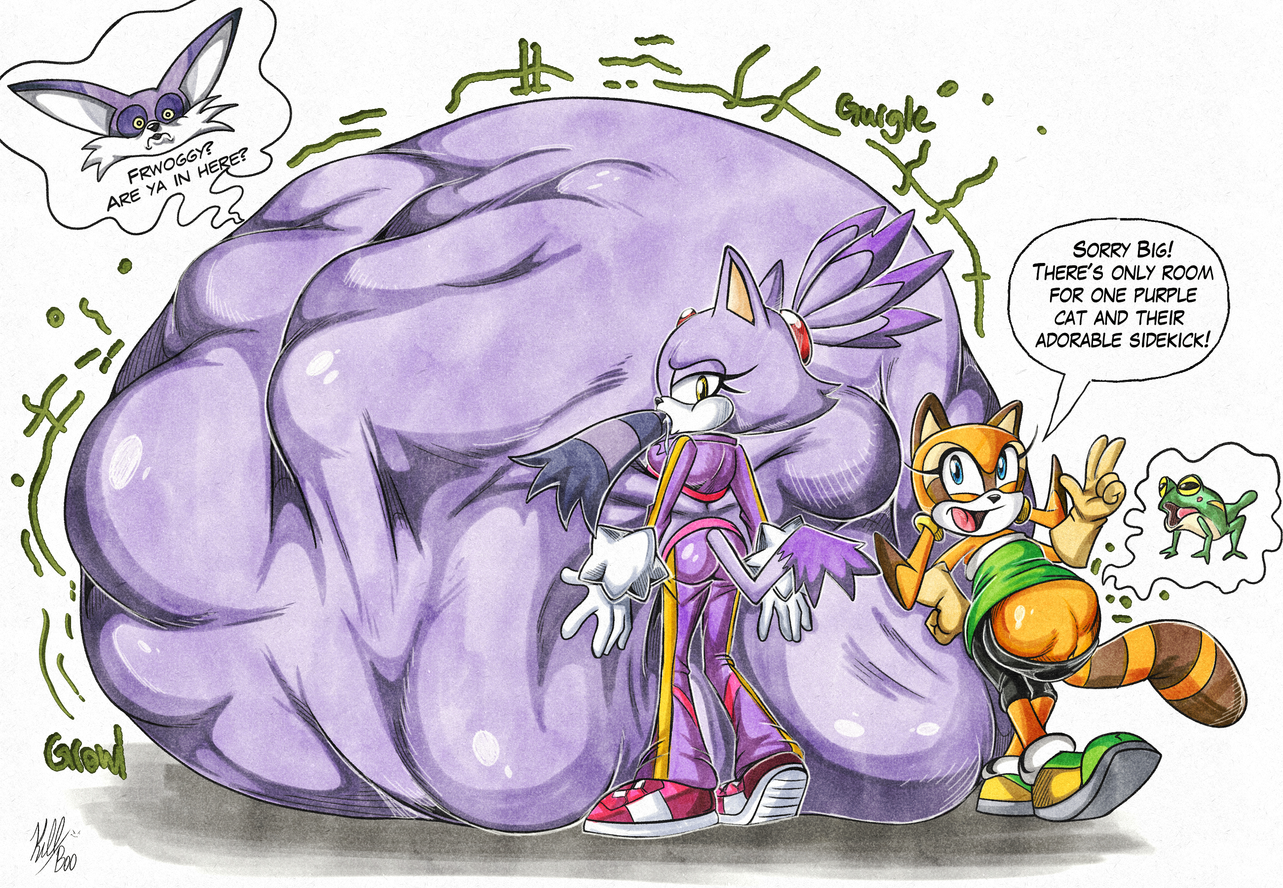 2023, after vore, anthro, ass, belly, big belly, big the cat, blaze the cat, clothing, domestic cat, english text, felid, feline, felis, female, female pred, footwear, fur, gloves, group, handwear, hi res, huge belly, hyper, hyper belly, killboo, male, male prey, mammal, marine the raccoon, overweight, procyonid, purple body, purple clothing, purple fur, raccoon, sega, shoes, simple background, sonic (series), sonic the hedgehog (series), text, trio, vore, white background