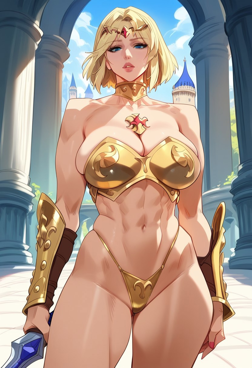 1girls 2d abs ai_generated armor big_breasts bikini bikini_armor blonde_hair bracers day female female_focus female_only golden_armor highleg short_hair solo solo_female solo_focus sword tagme